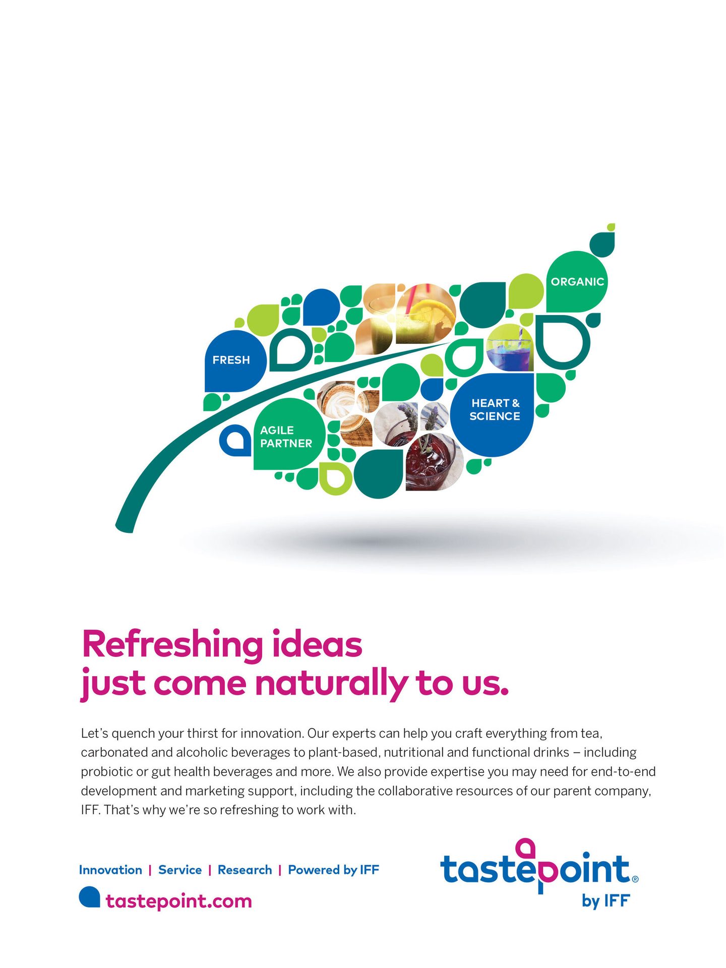 Tastepoint by IFF ad: Leaf graphic with beverages, promoting refreshing, natural beverage innovation.