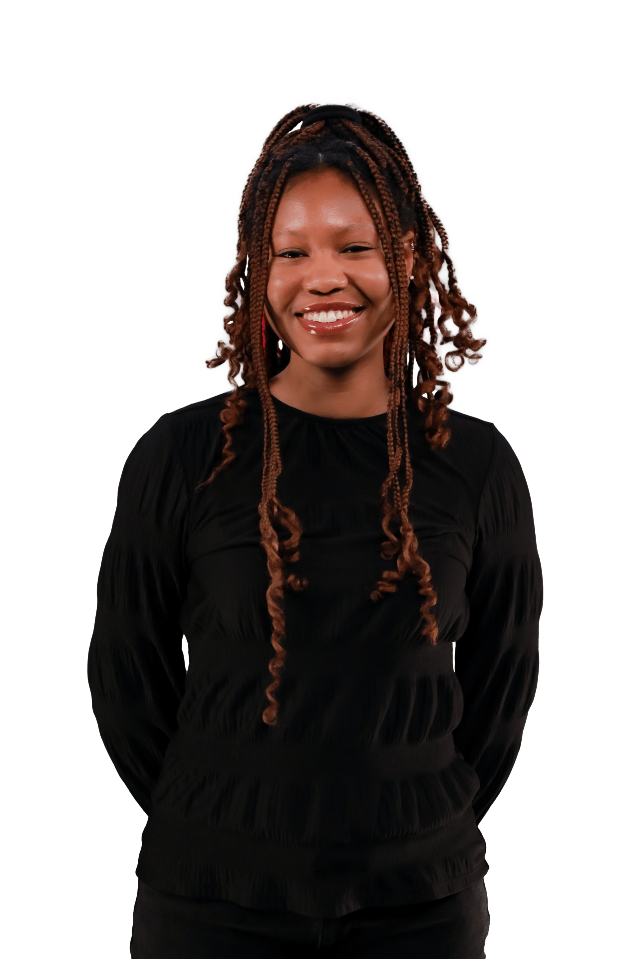 Black hair, Smile, Cornrows, Neck, Sleeve, Gesture, Waist