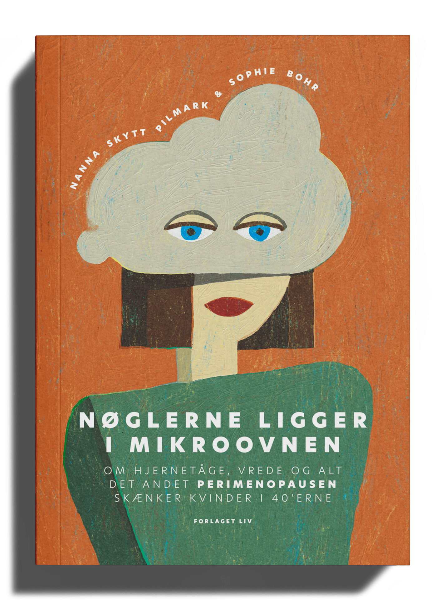 Book cover with illustration of woman with a cloud on her head and title 'NØGLERNE LIGGER I MIKROOVNEN'.
