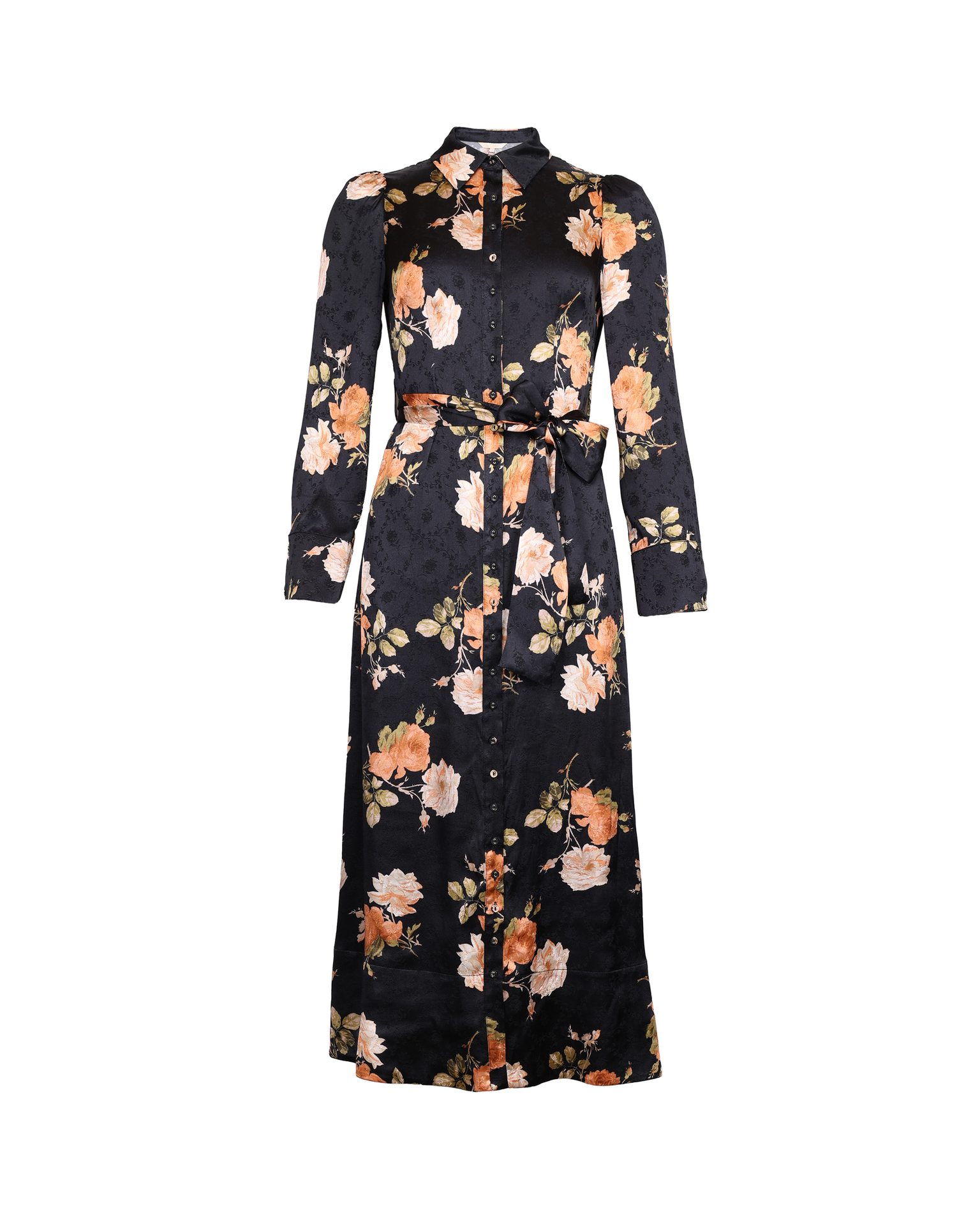 Black satin midi shirt dress featuring a vibrant orange and pink floral print and a self-tie waist belt.