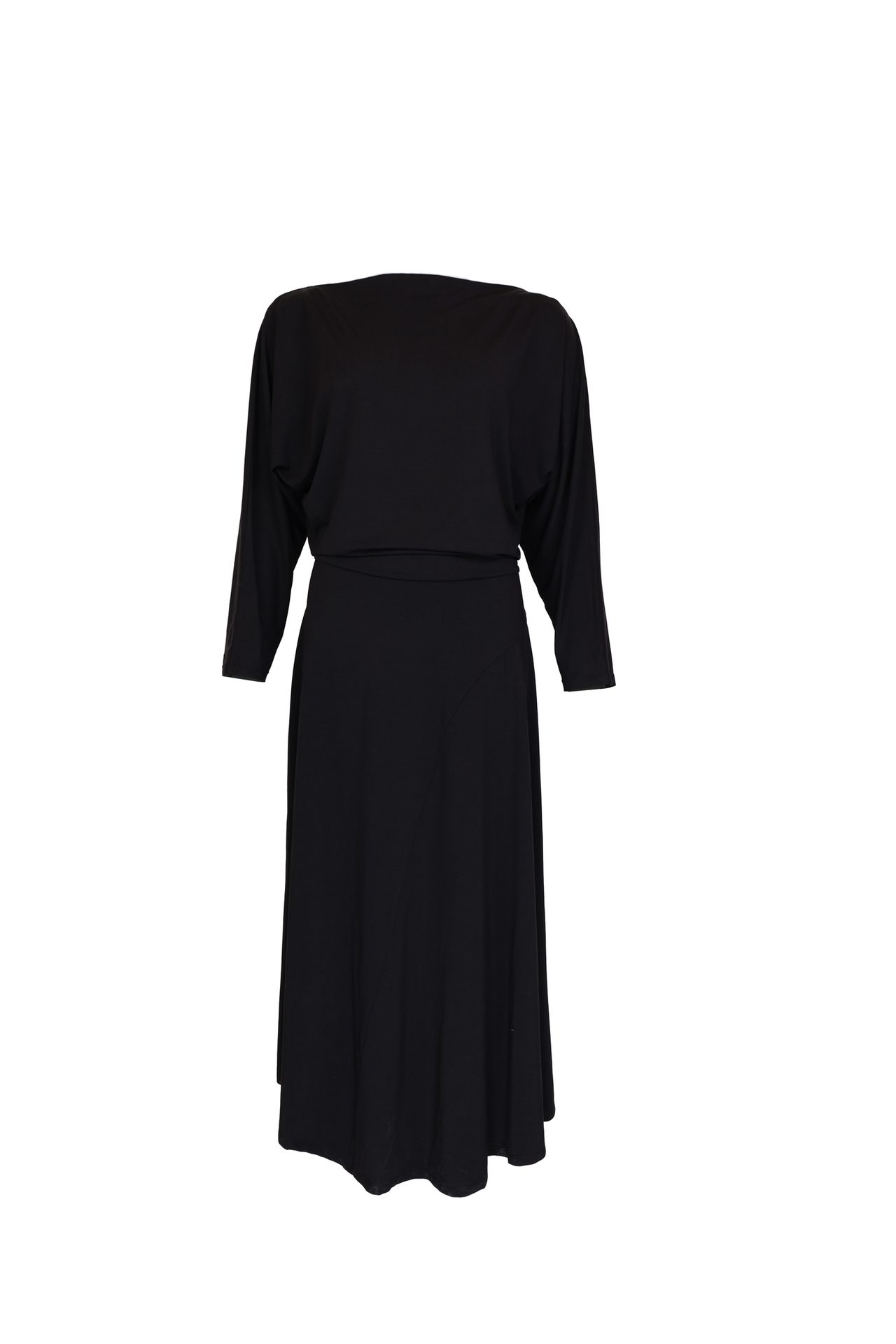 A black long-sleeved midi dress with a draped bodice, shown from the back.