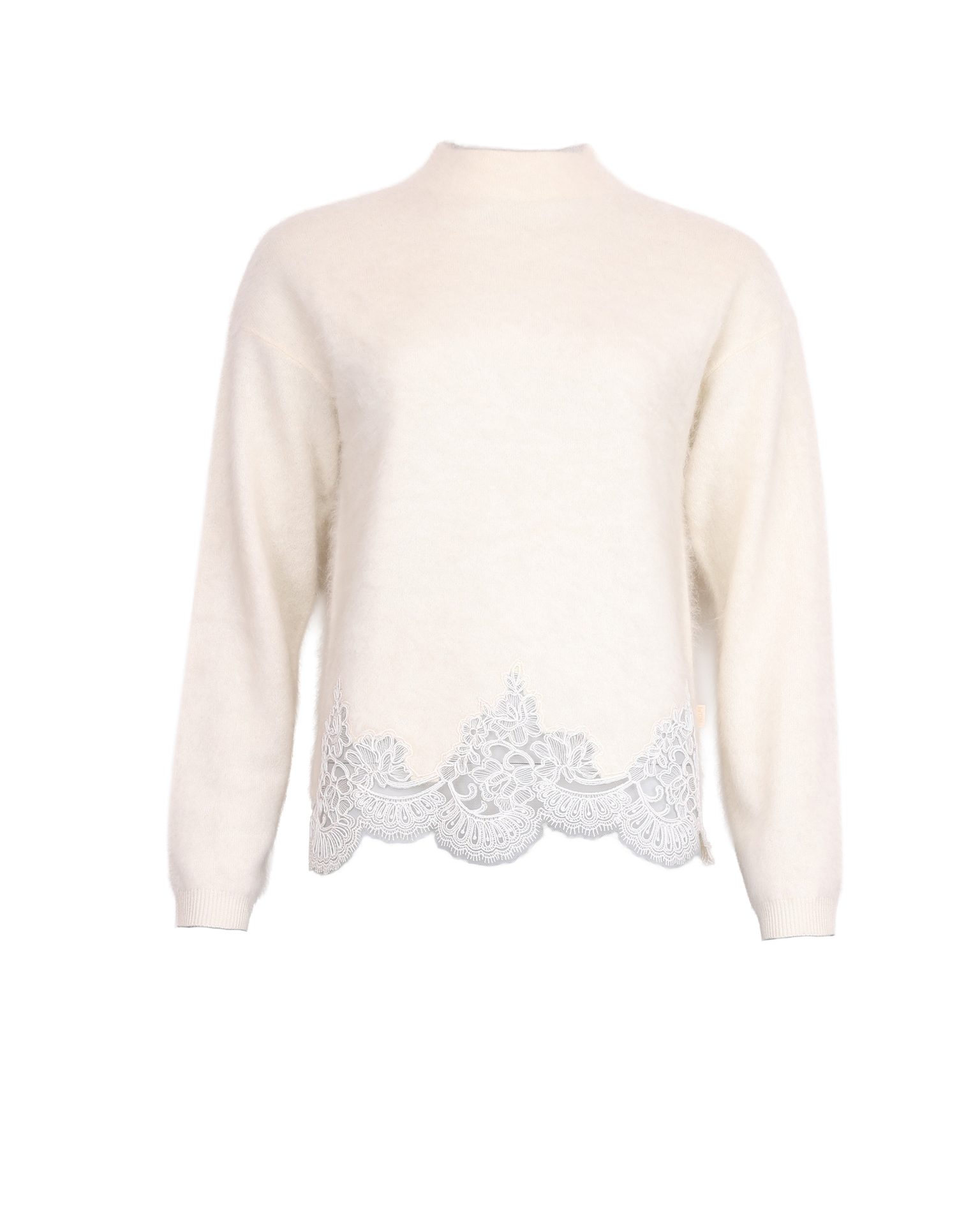 A soft, cream mock neck sweater featuring delicate white lace trim along the scalloped hem.