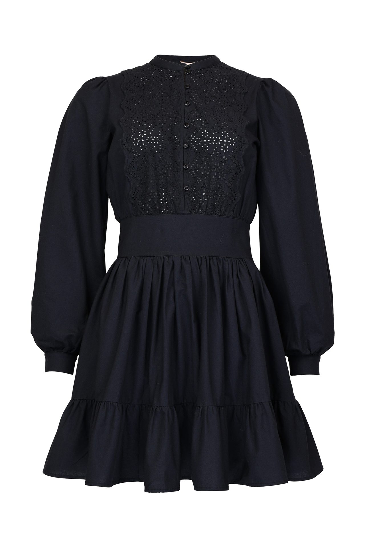 A black long-sleeved mini dress with eyelet lace bodice, high collar, and tiered skirt.