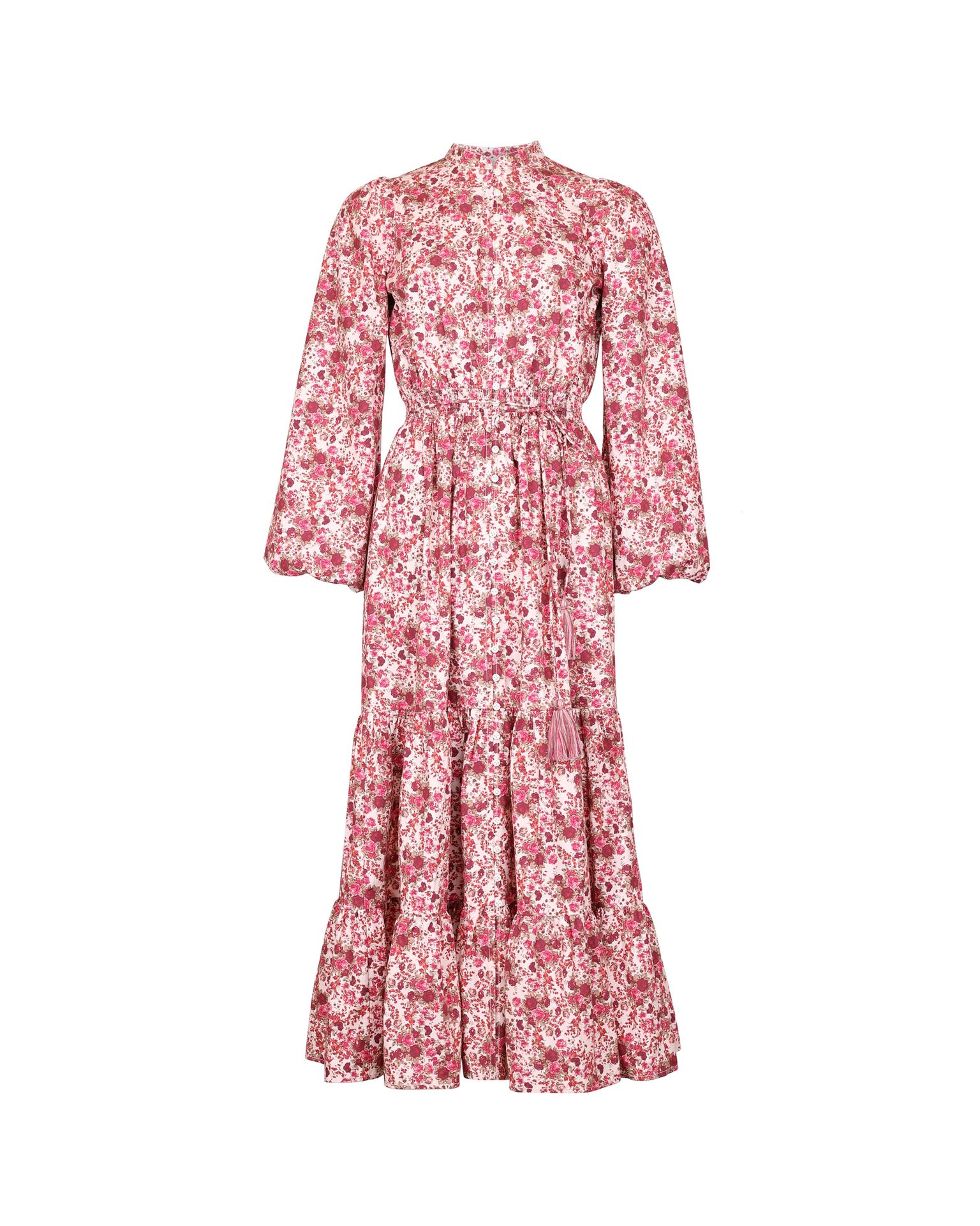 Pink floral long-sleeved tiered midi dress with high neck and tassel details.