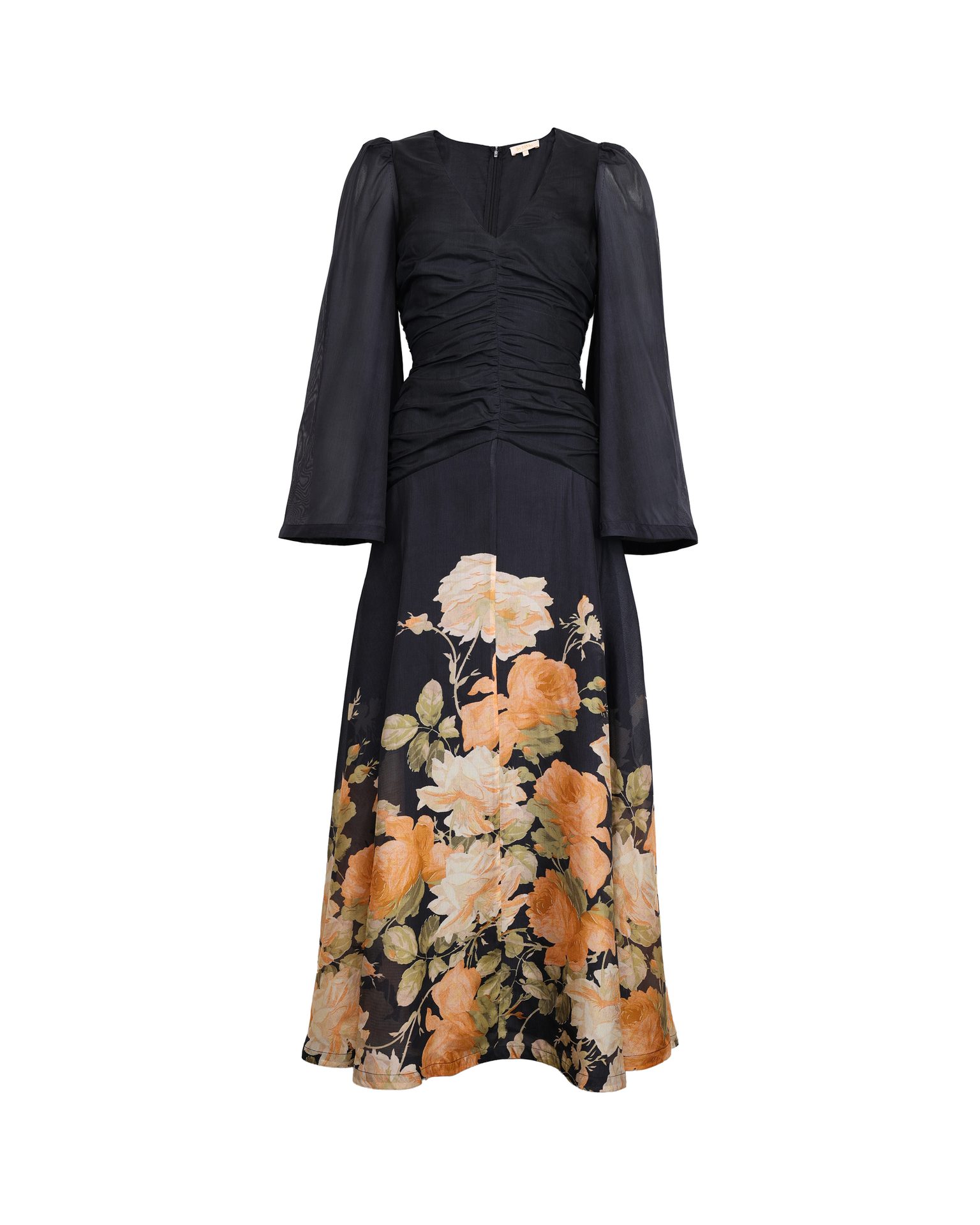 Black maxi dress with long sheer sleeves, ruched bodice, and a floral skirt with orange and cream roses.