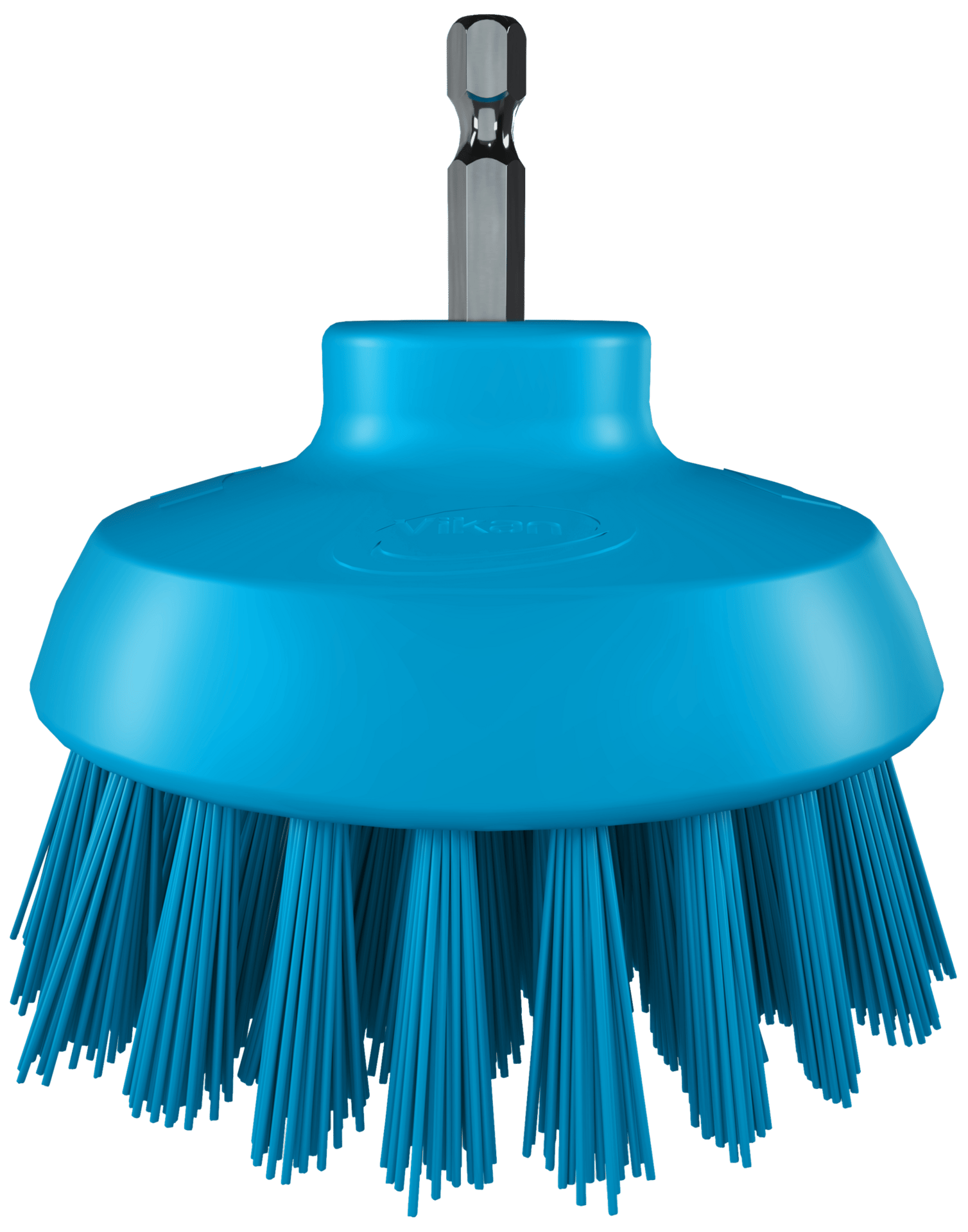 A blue drill brush attachment for power drills, featuring stiff bristles and a hexagonal shaft.
