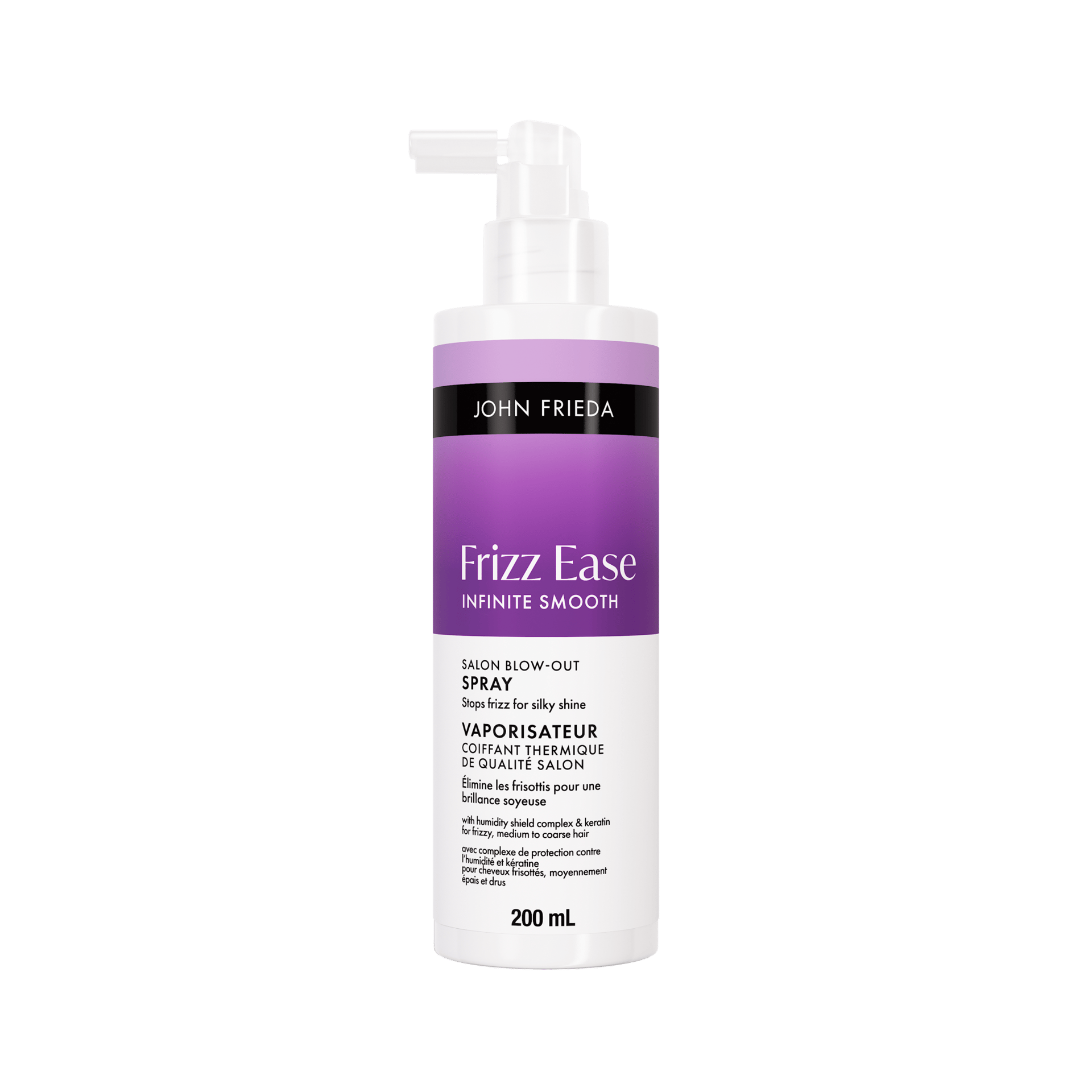 John Frieda Frizz Ease Infinite Smooth Salon Blow-Out Spray for silky shine and frizz control.