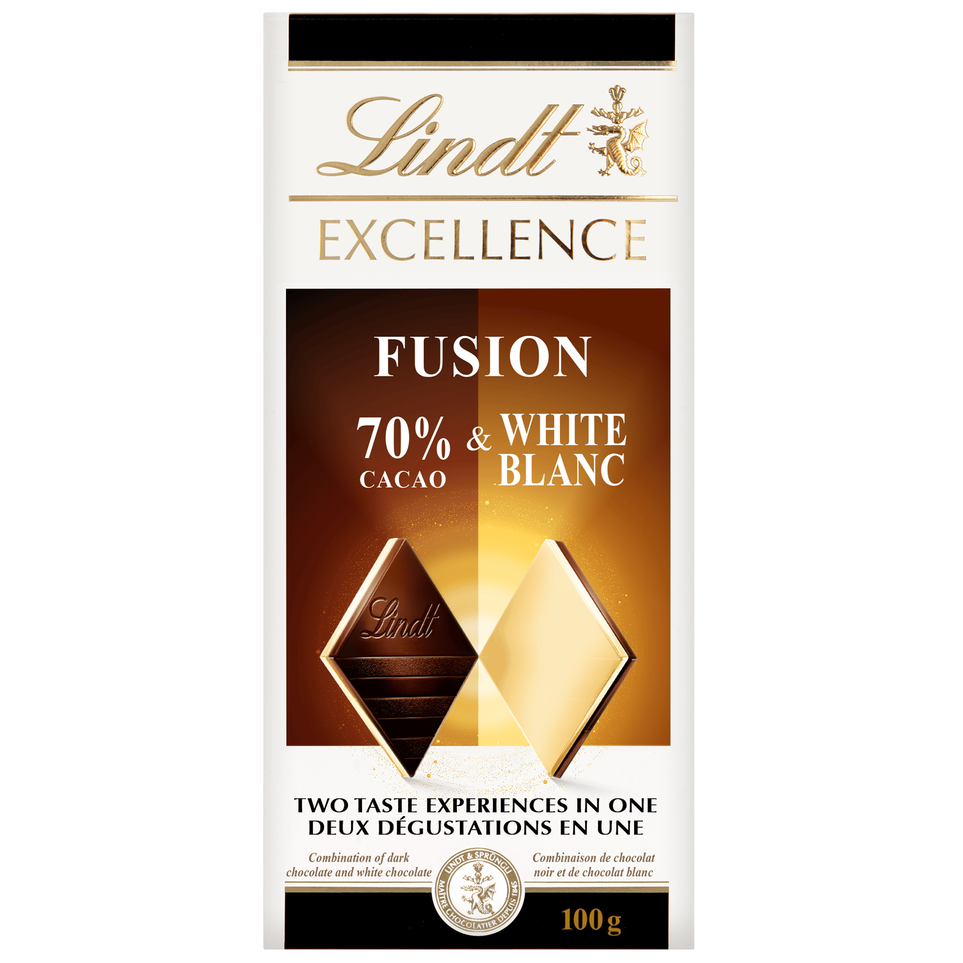 Lindt Excellence Fusion 70% Cacao & White Blanc chocolate bar, 100g.