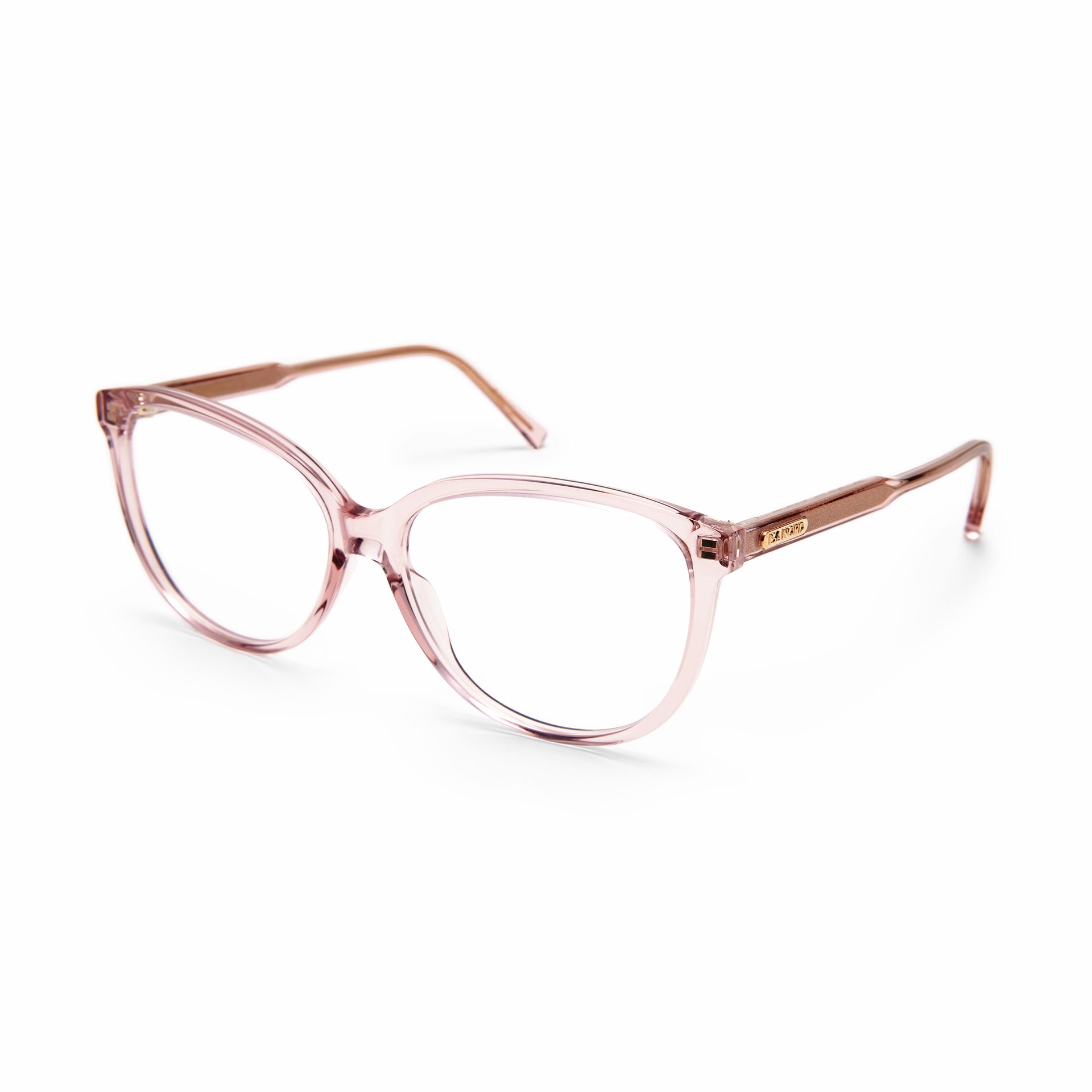 Clear pink acetate eyeglasses with rose gold temples, angled on a white surface.