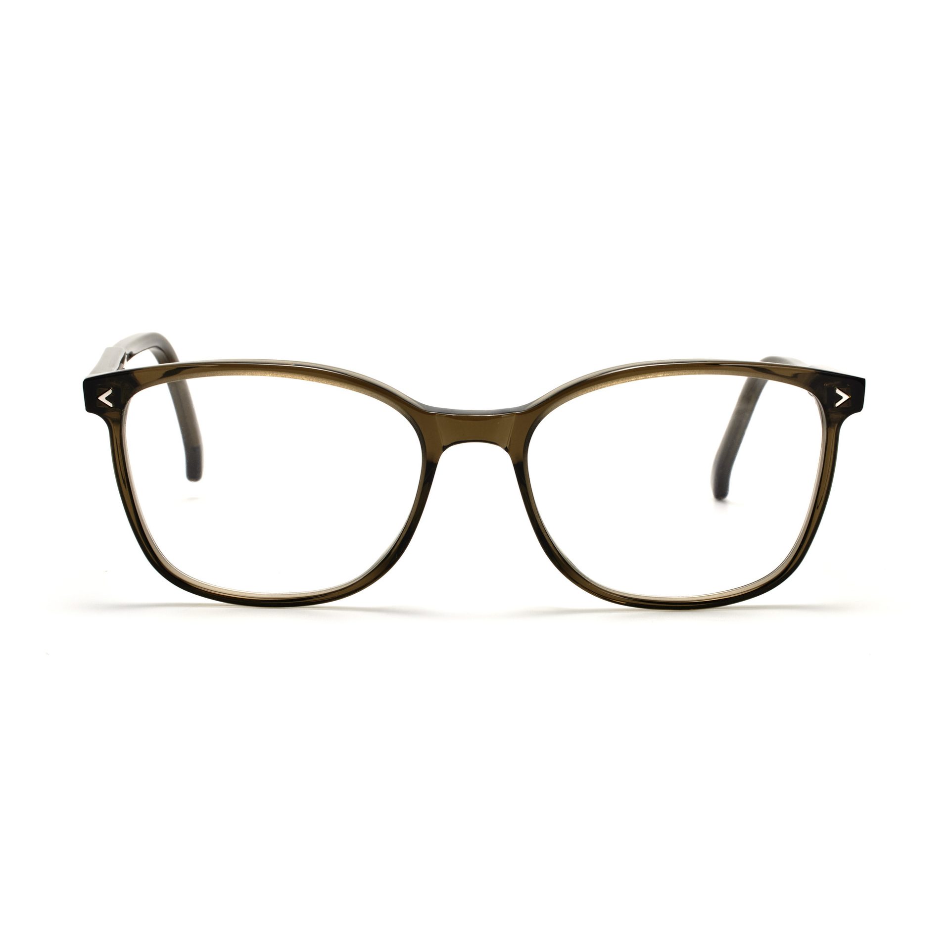 Brown-olive square-framed glasses with white arrow accents on temples, on a white background.