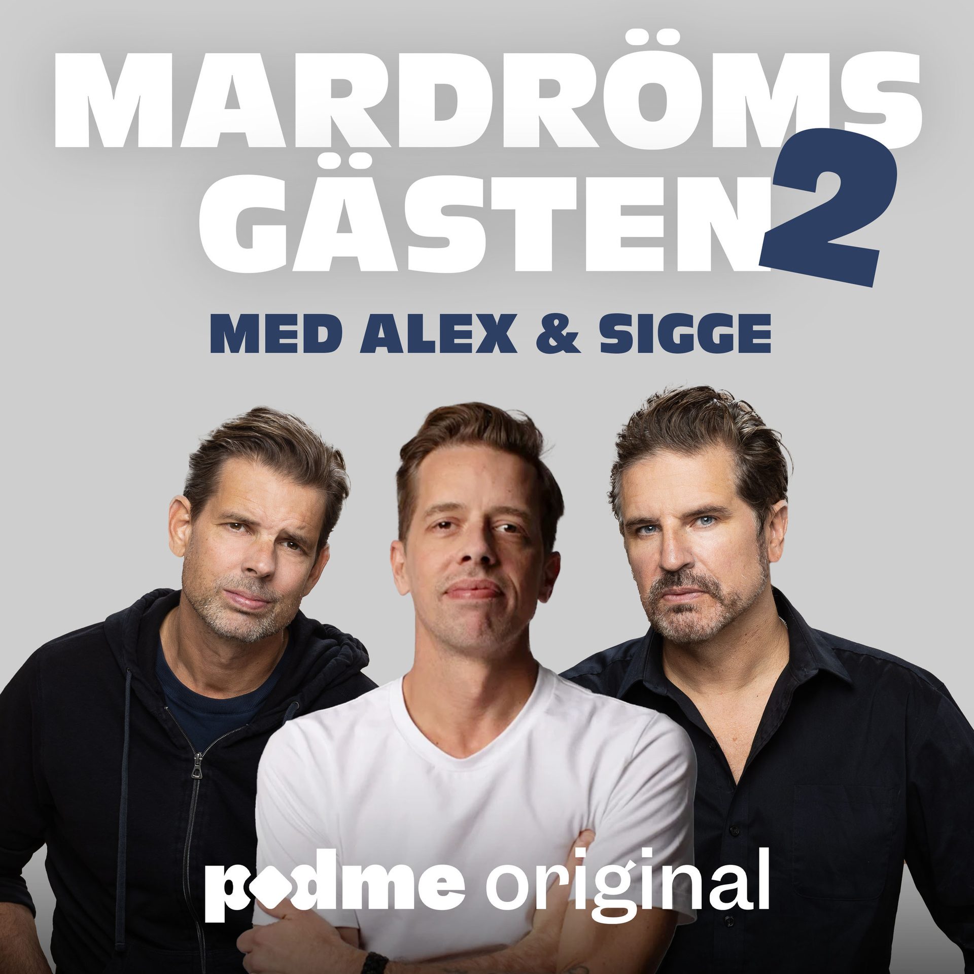 Podcast cover for "Mardrömsgästen 2" with Alex & Sigge, featuring three men.
