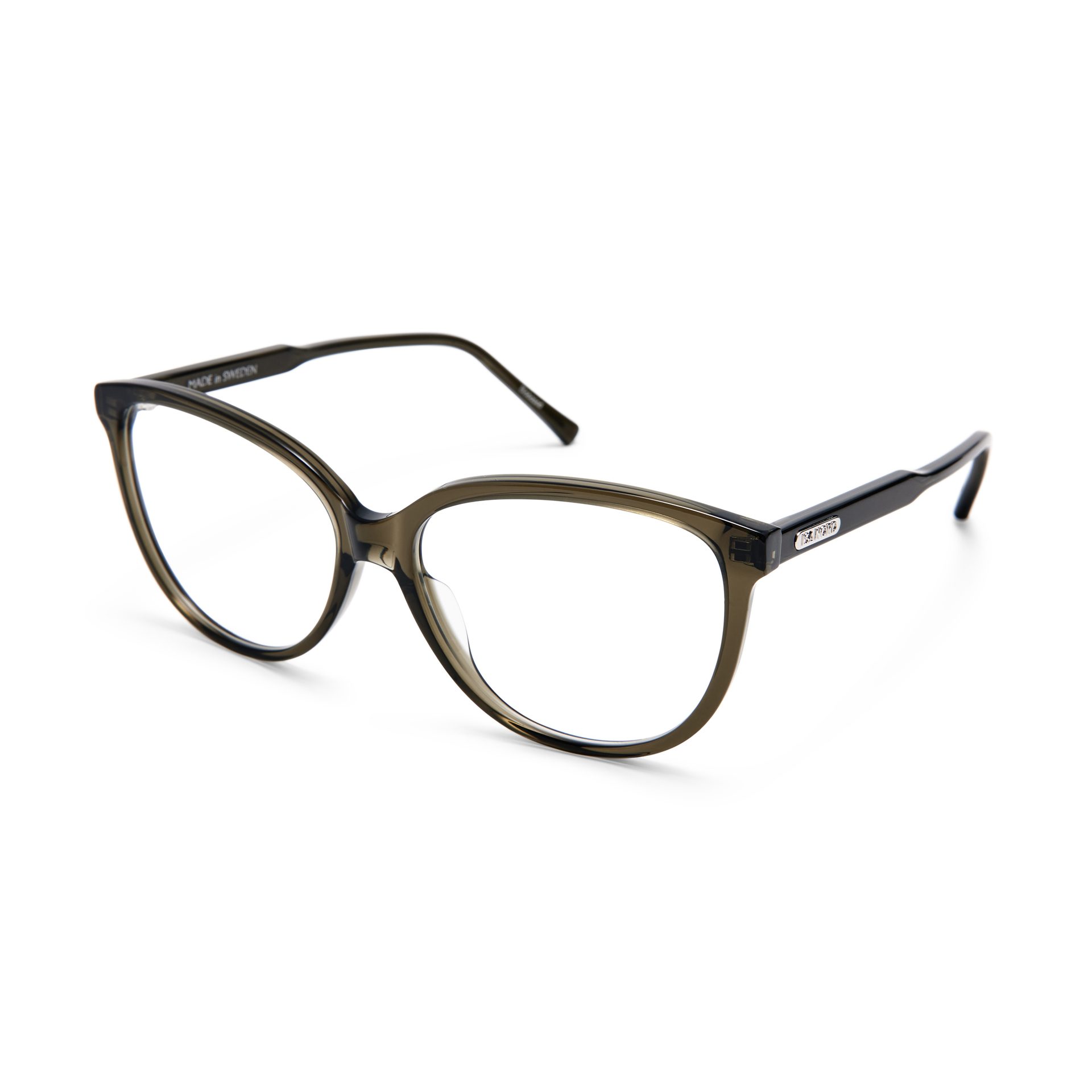 Translucent dark olive cat-eye glasses with clear lenses. "MADE IN SWEDEN" is visible.