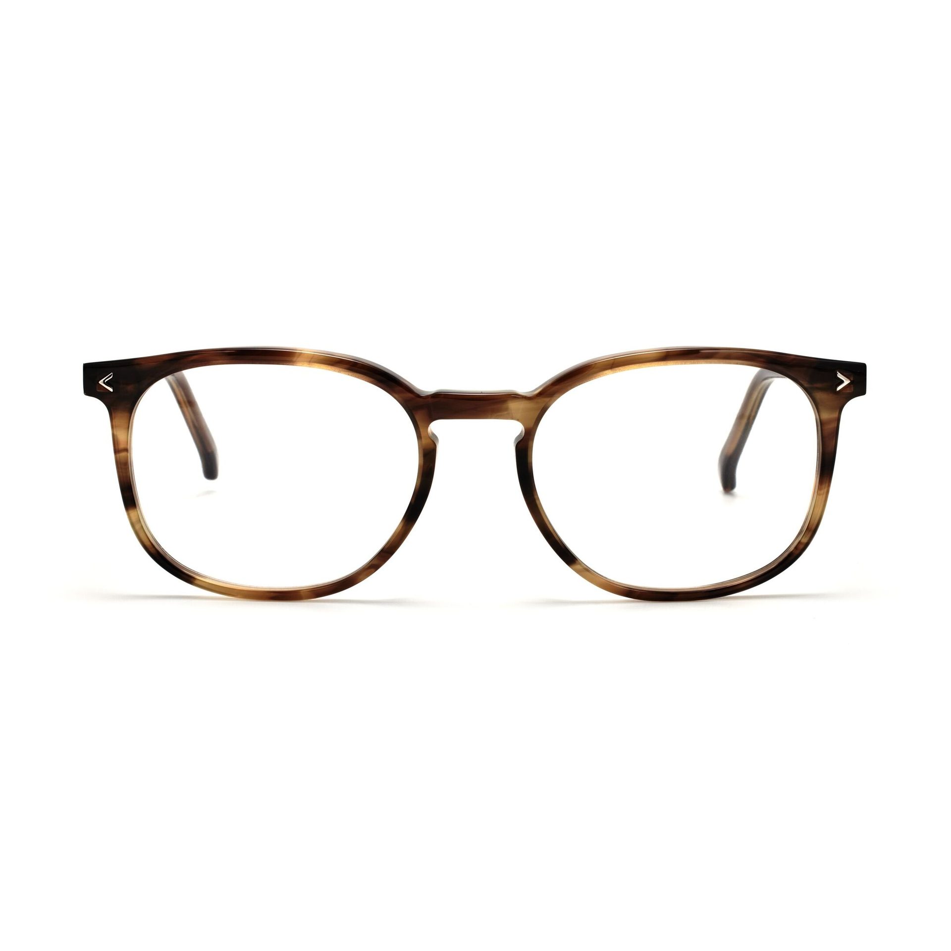 Round tortoise shell eyeglasses with small V-shaped details on the corners.