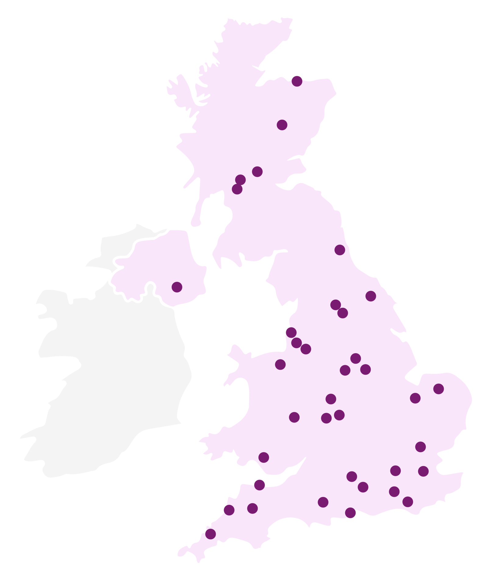 Map of the United Kingdom and part of Ireland, showing numerous purple dots representing various locations.