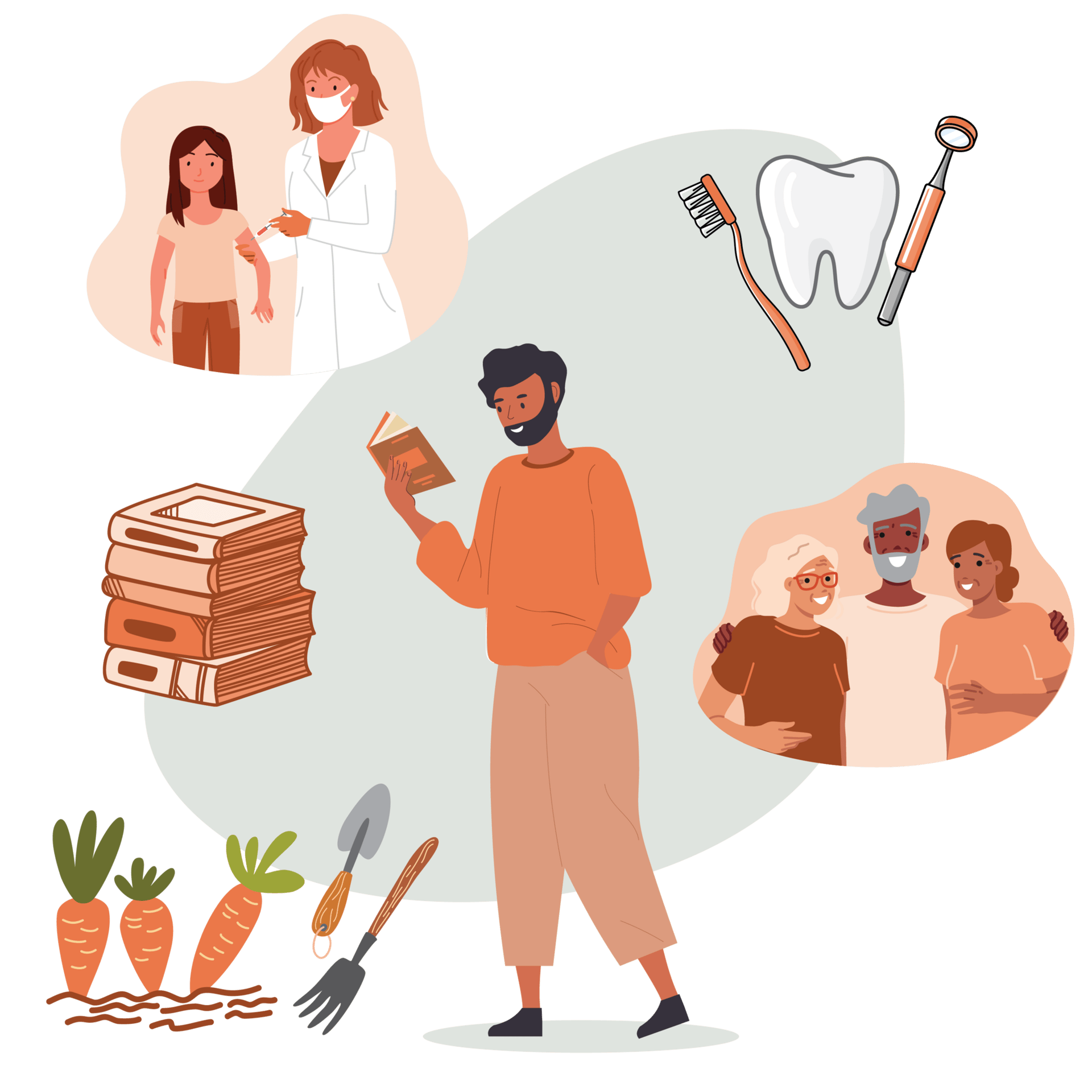 Illustration of a young man standing while reading a book. Around him are images of carrots in a garden, a pile of library books, a doctor giving a child a vaccine, a tooth, toothbrush, and dentist mirror, and three senior people.