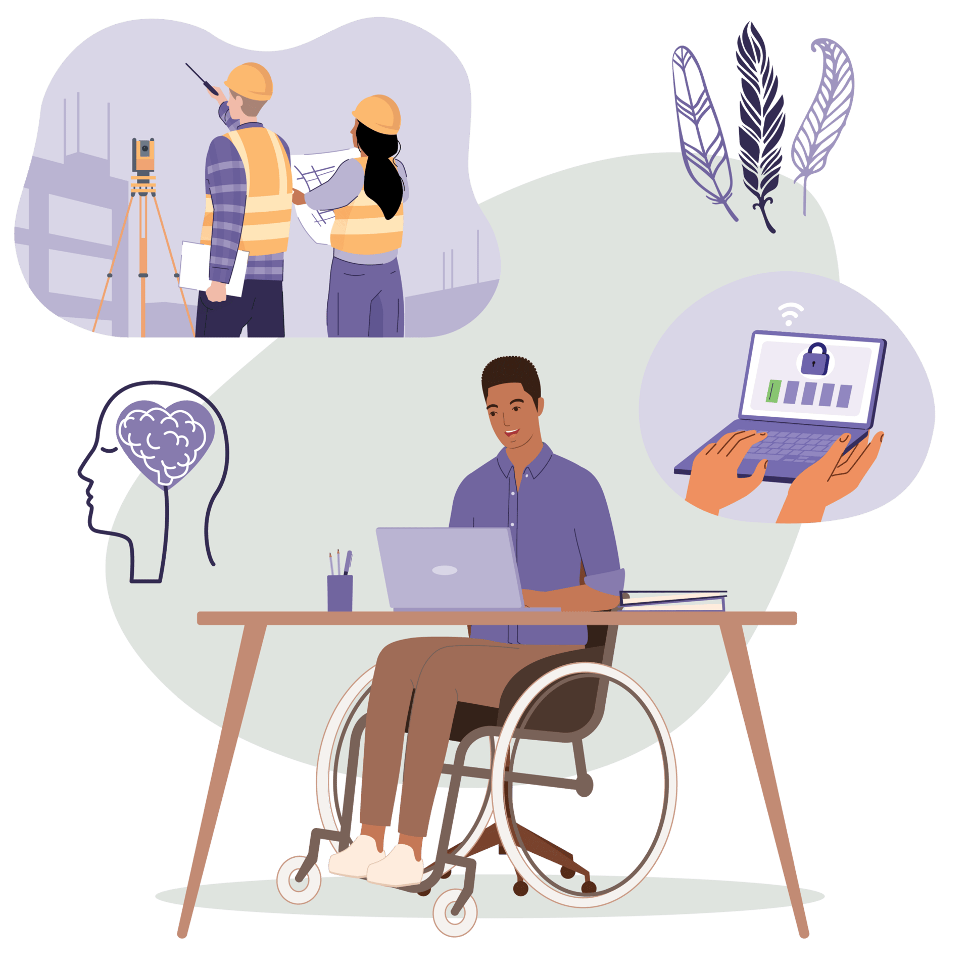 Illustration of young man in wheelchair working on a computer while sitting at a desk. Around him are images of a healthy brain, construction development, feathers, and cyber security
