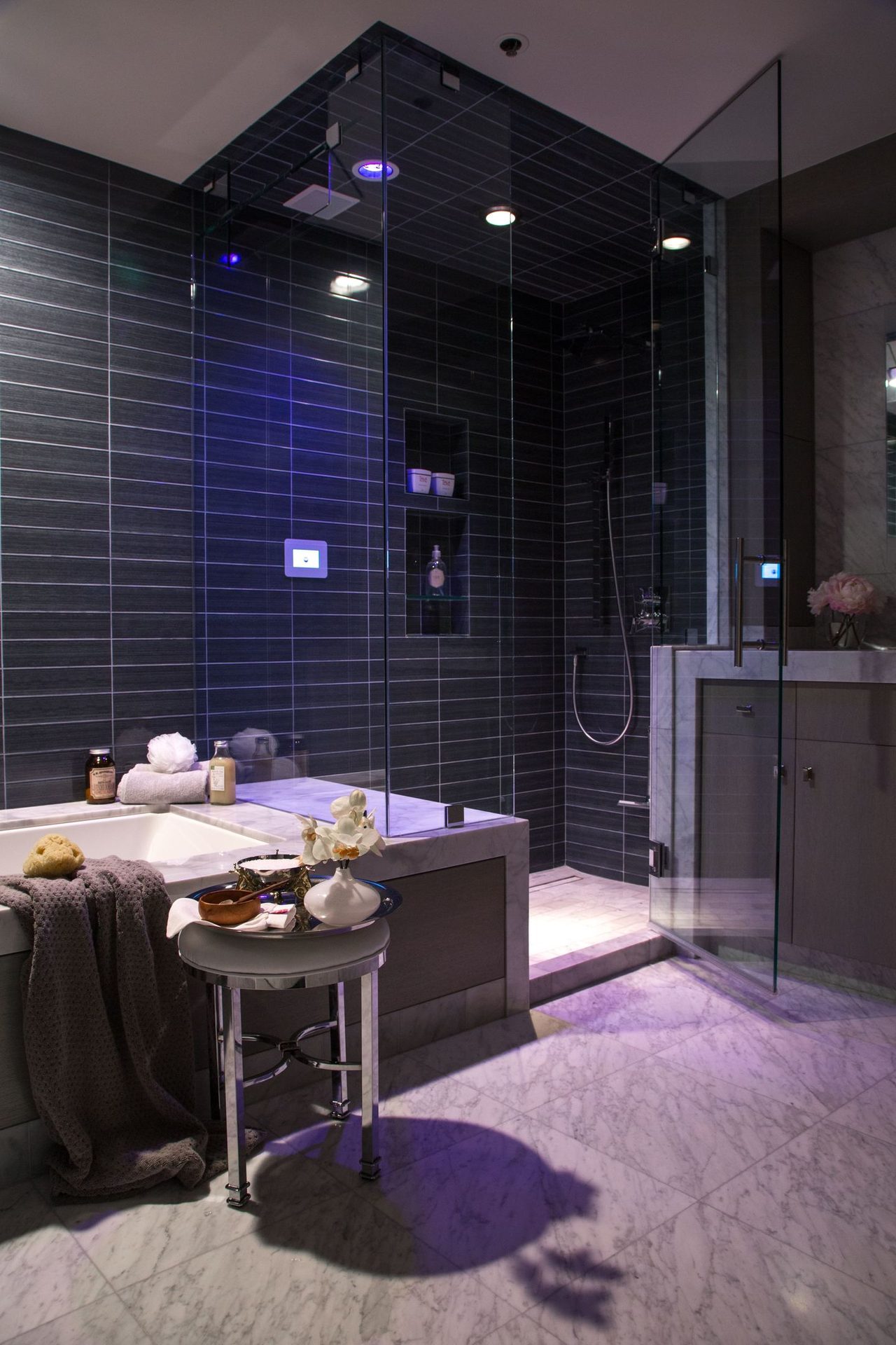 Interior design, Purple, Table, Floor, Flooring, Wall