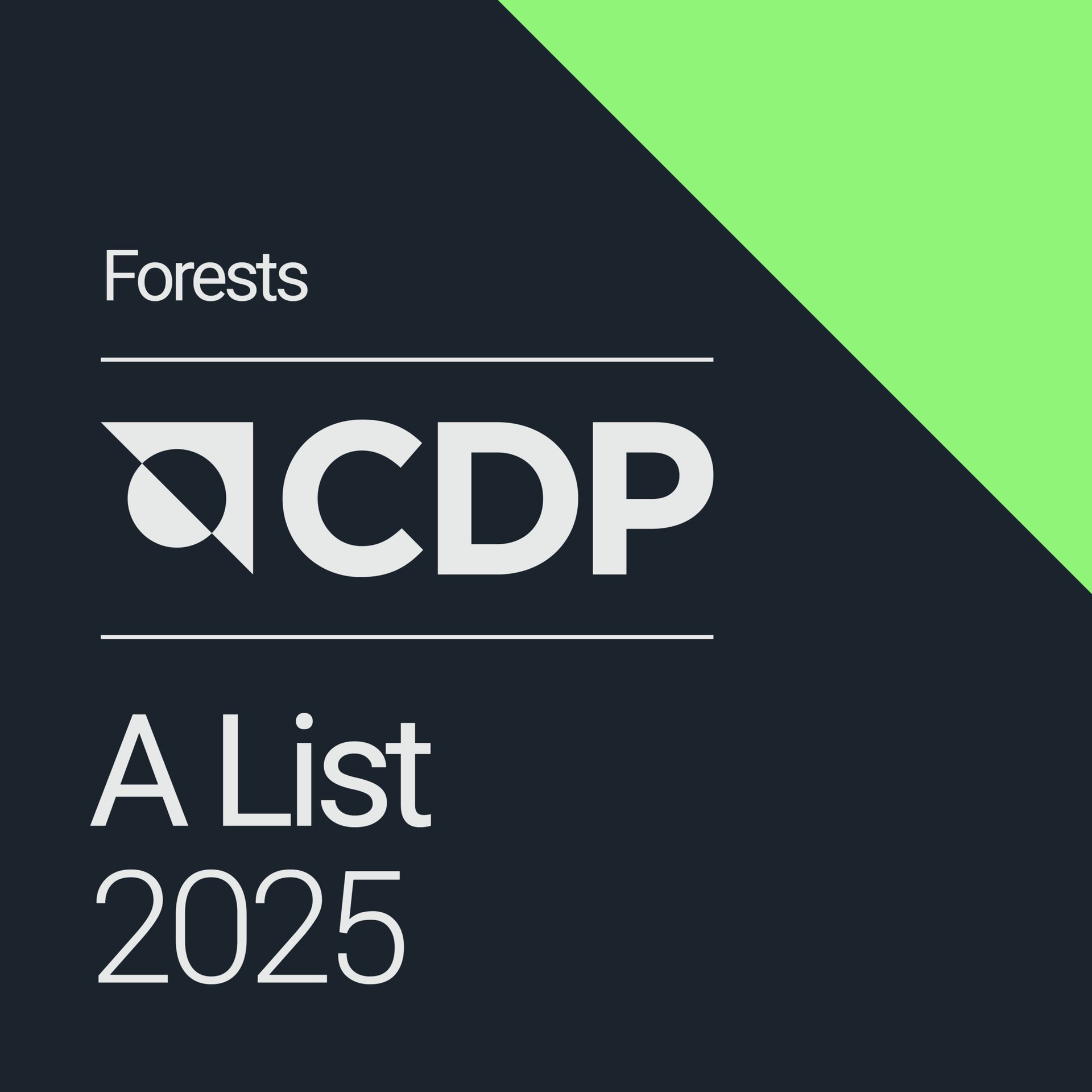 CDP Forests A List 2025 logo on a dark background with a green corner.