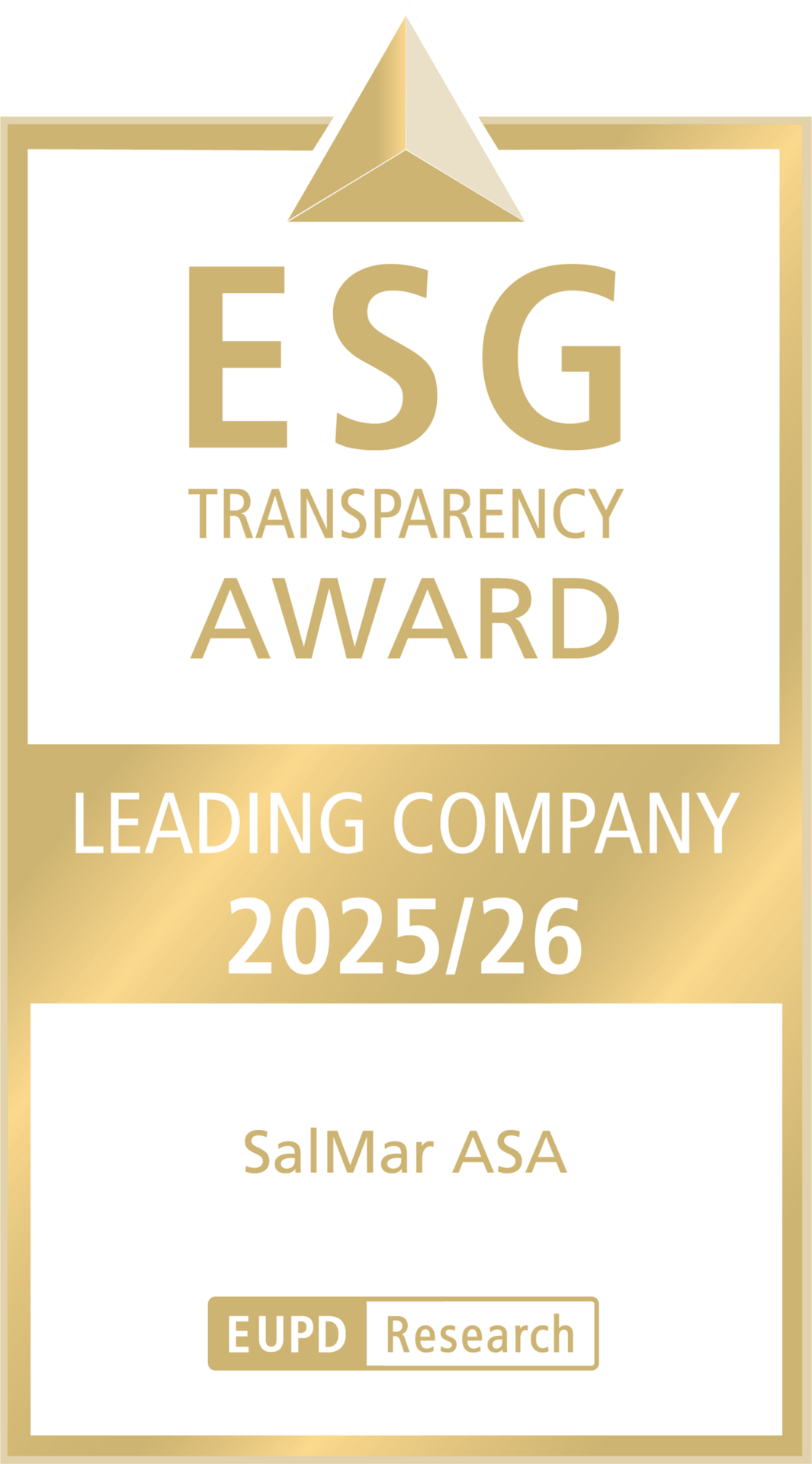 Gold and white ESG Transparency Award 2025/26 for SalMar ASA by EUPD Research, highlighting leading company status.