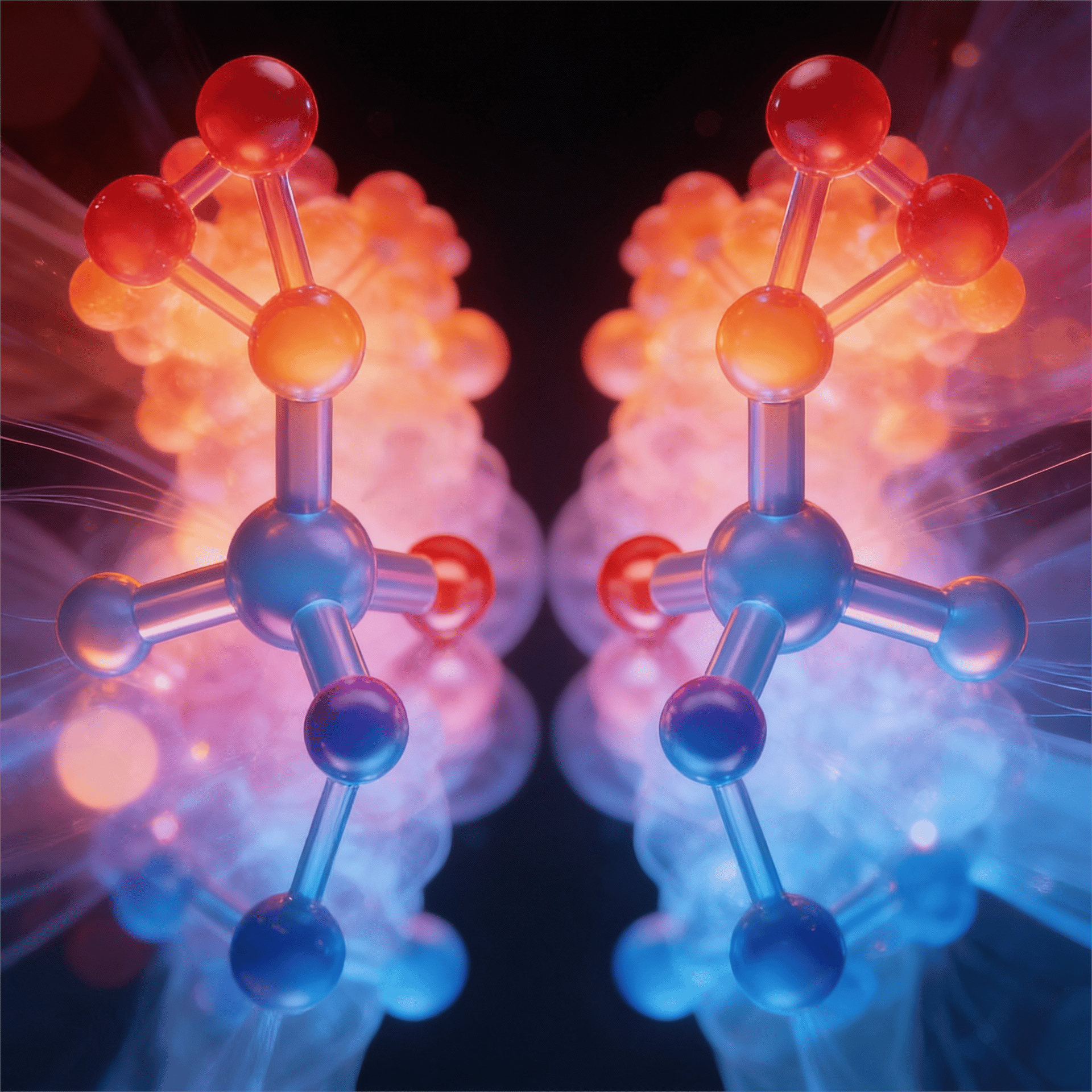 Symmetrical glowing red and blue molecular structures on a dark, nebulous background.