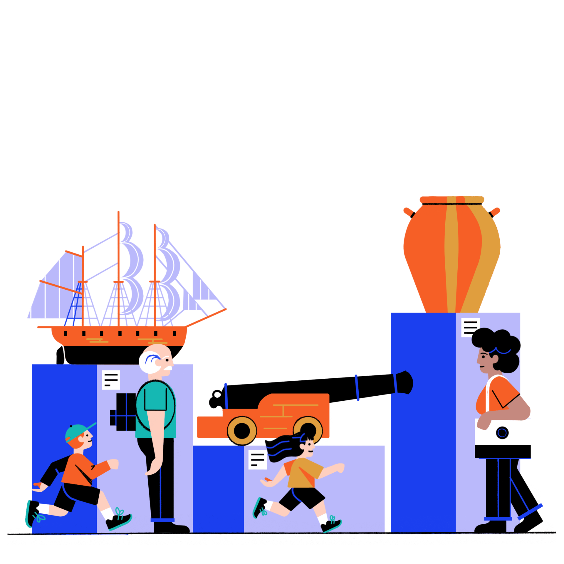 Stylized illustration of a museum with adults and children viewing a ship, cannon, and vase.