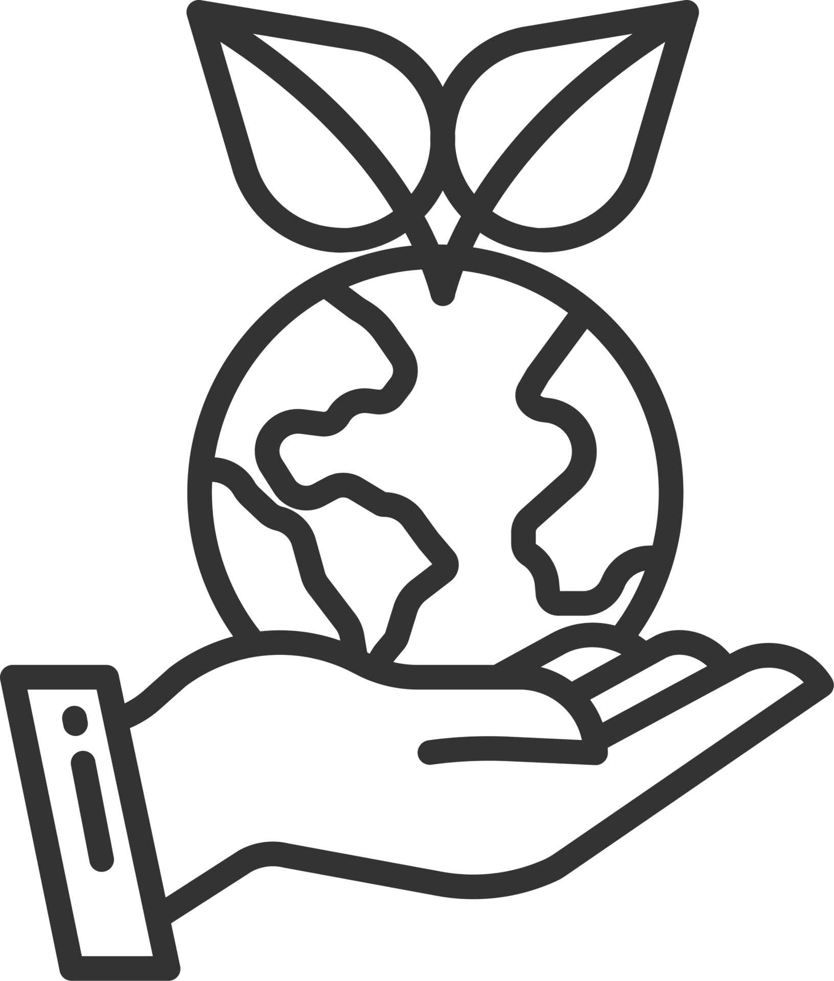 Outline icon of a hand holding the Earth with two leaves growing from the top.