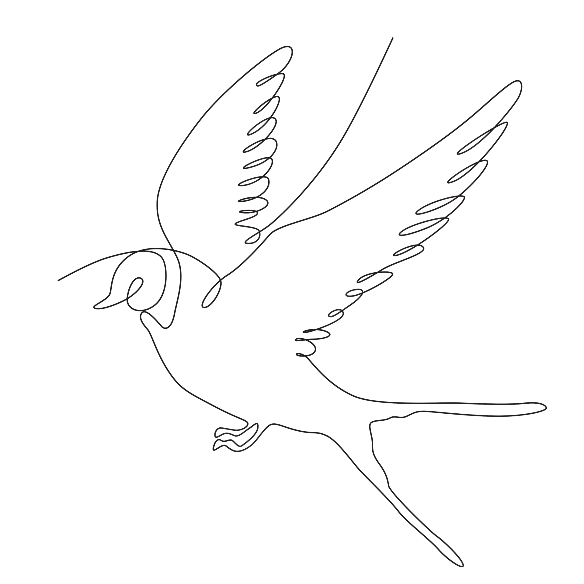 Minimalist single-line art of a bird in flight with an olive branch on a dark green background.