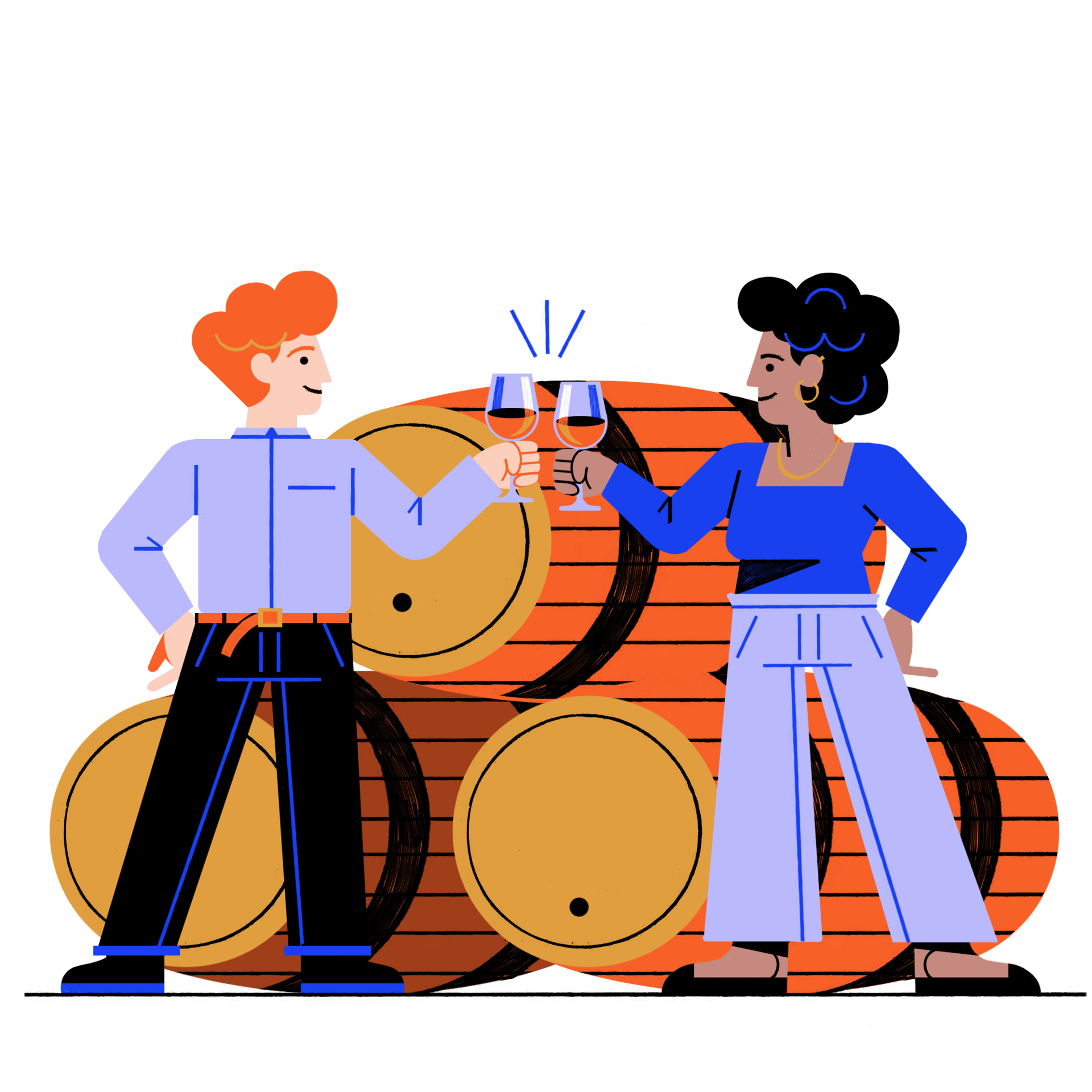 Couple toasting with wine in front of barrels.