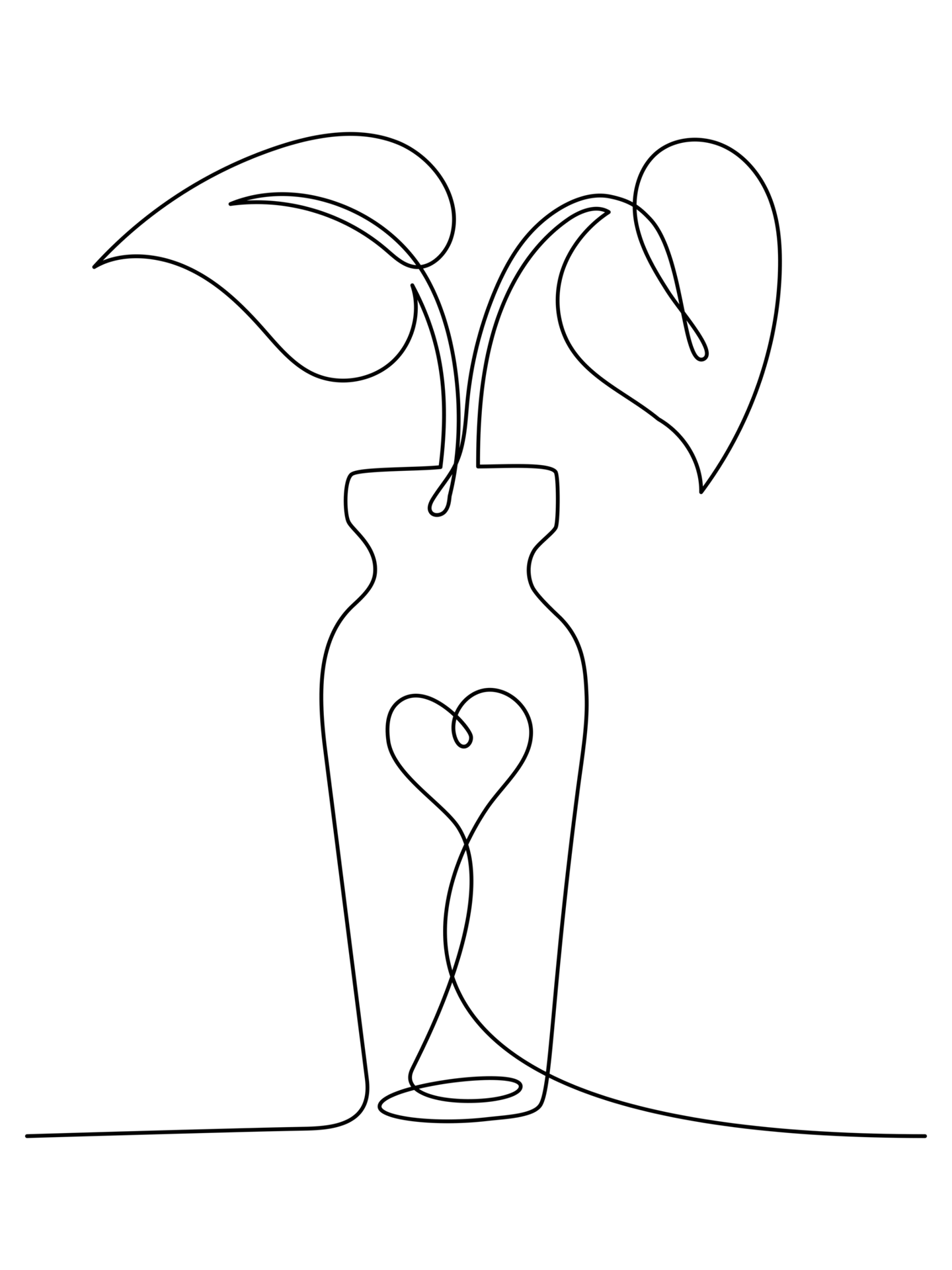 A continuous line drawing shows a vase with two leaves (one heart-shaped) and an internal heart.