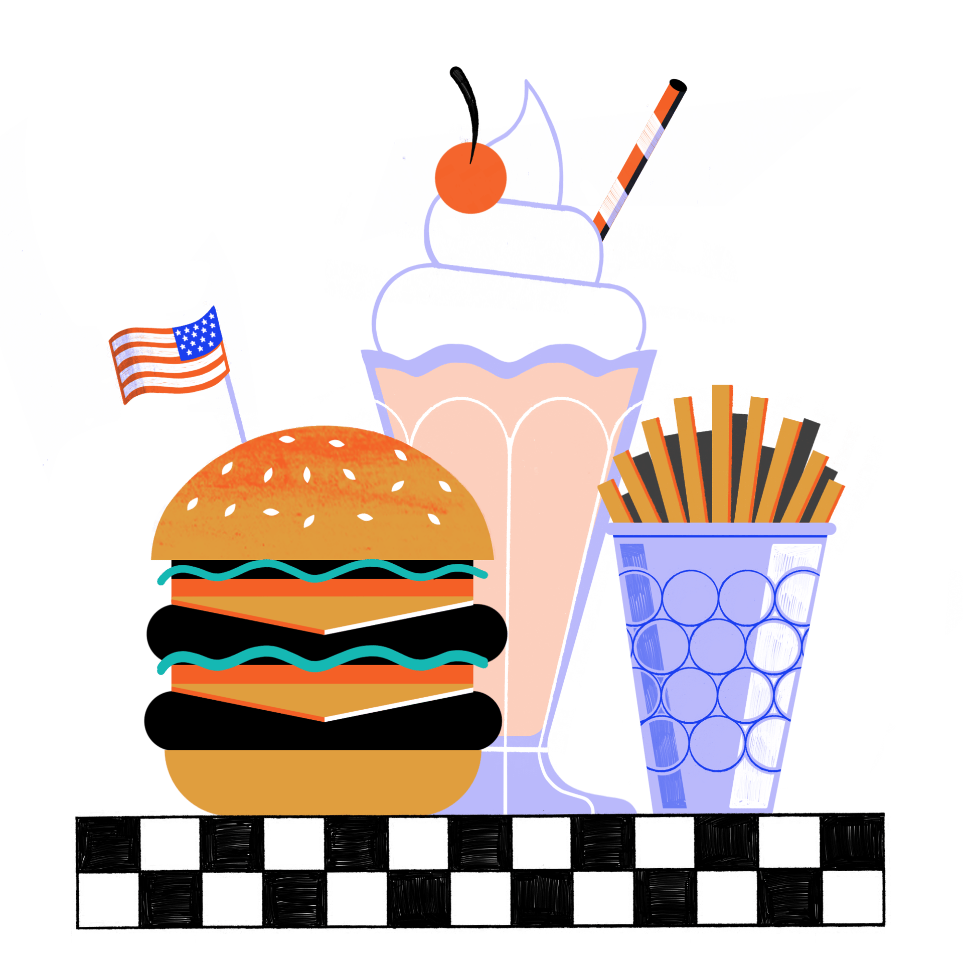 Stylized American diner food: burger, milkshake, fries, and a US flag on a checkered table.