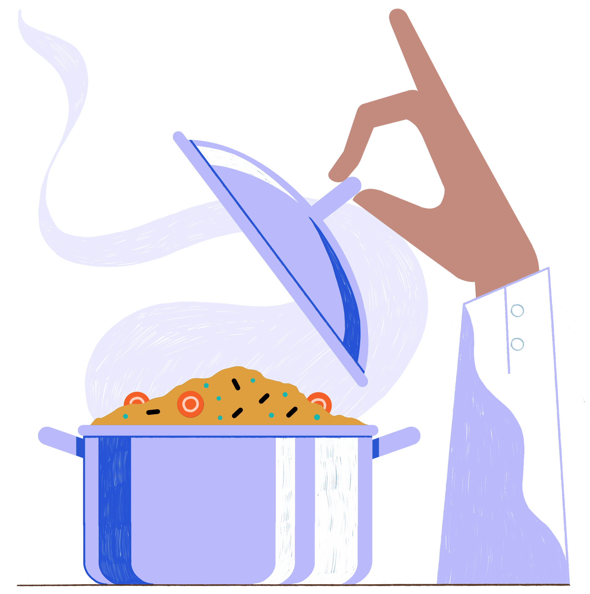 Hand lifts lid off a steaming pot of food, with steam rising and a chef's sleeve visible.