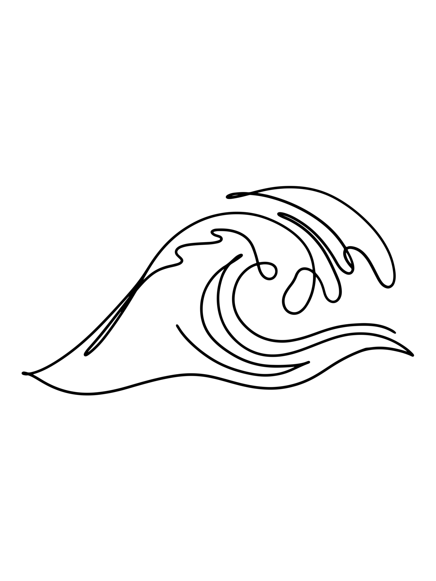 A minimalist black continuous line drawing of a stylized wave on a dark green background.