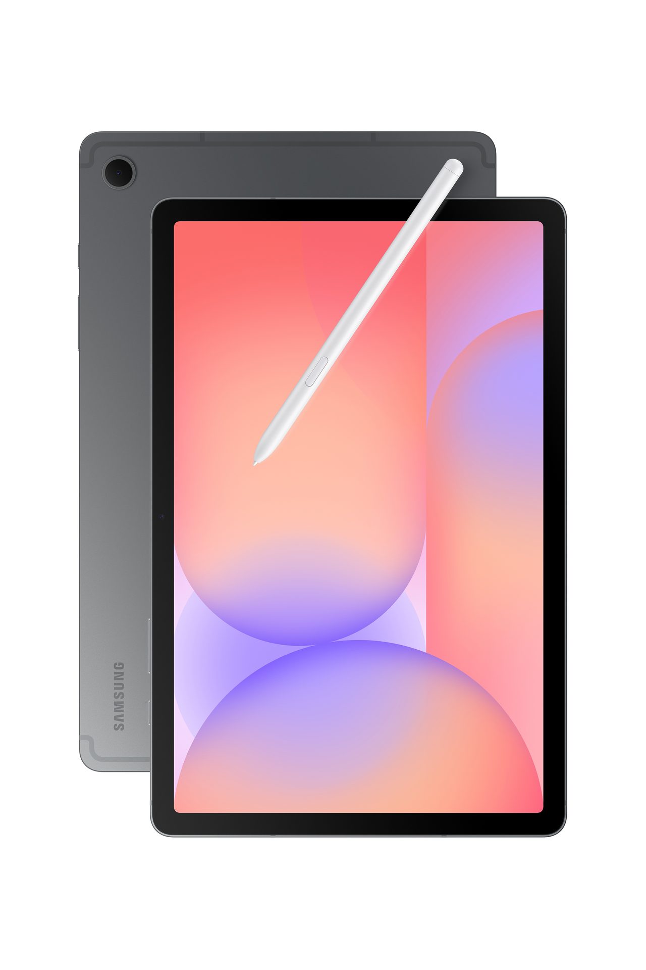 Dark grey Samsung tablet with a white stylus on a colorful screen.