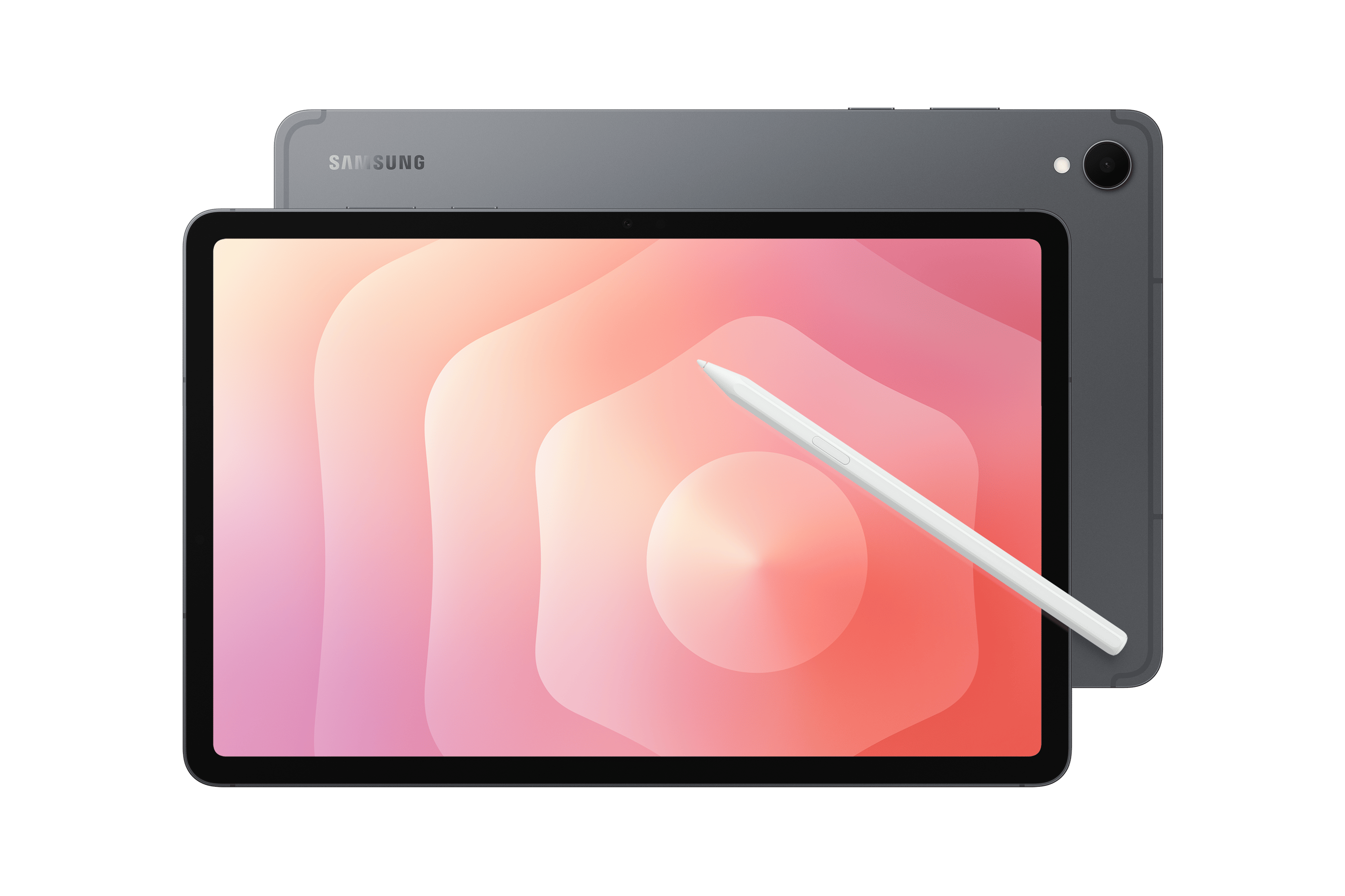 Dark gray Samsung tablet with colorful screen and white S Pen, with another tablet seen from behind.