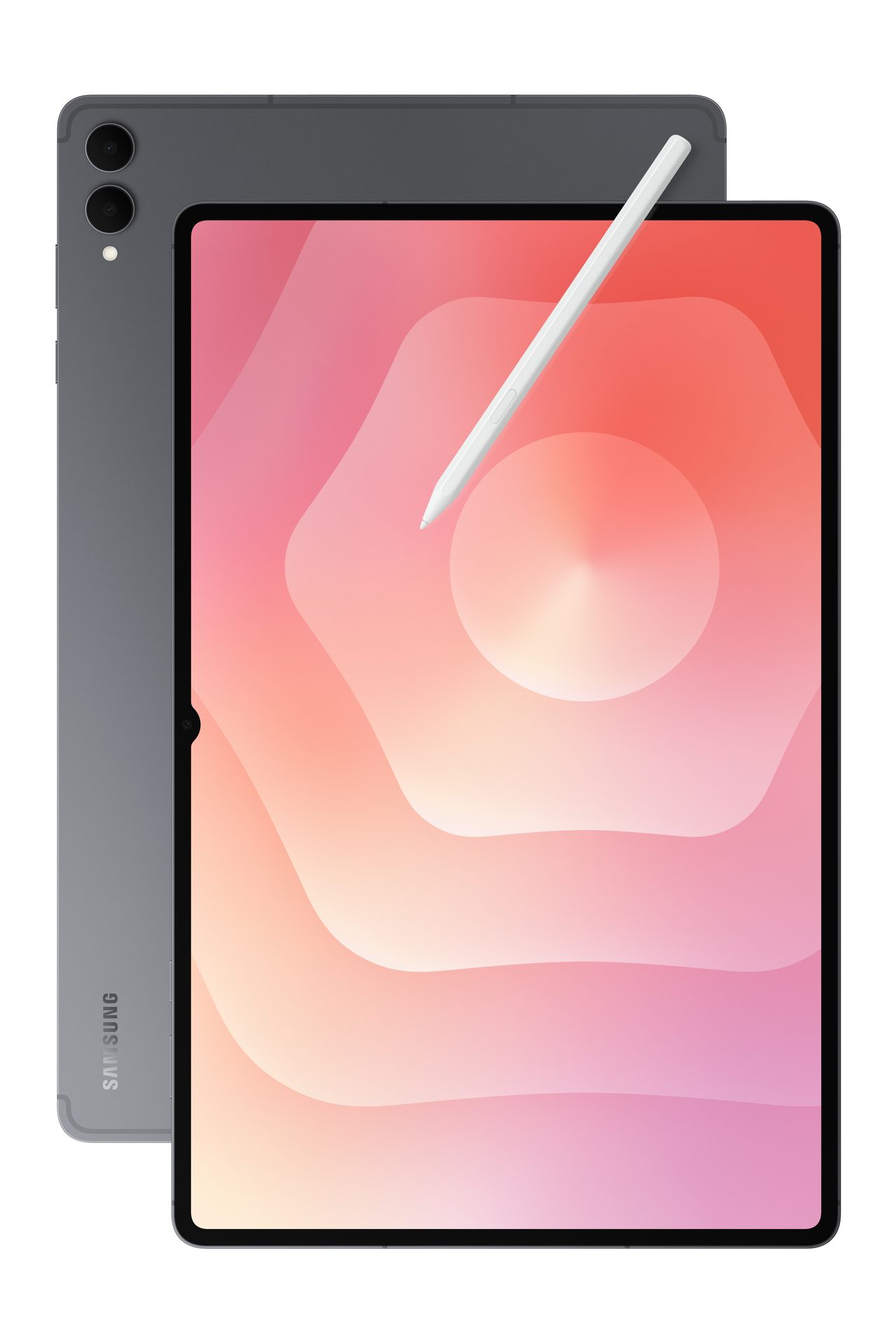 Dark gray Samsung tablet with white stylus on screen, its back showing the logo.