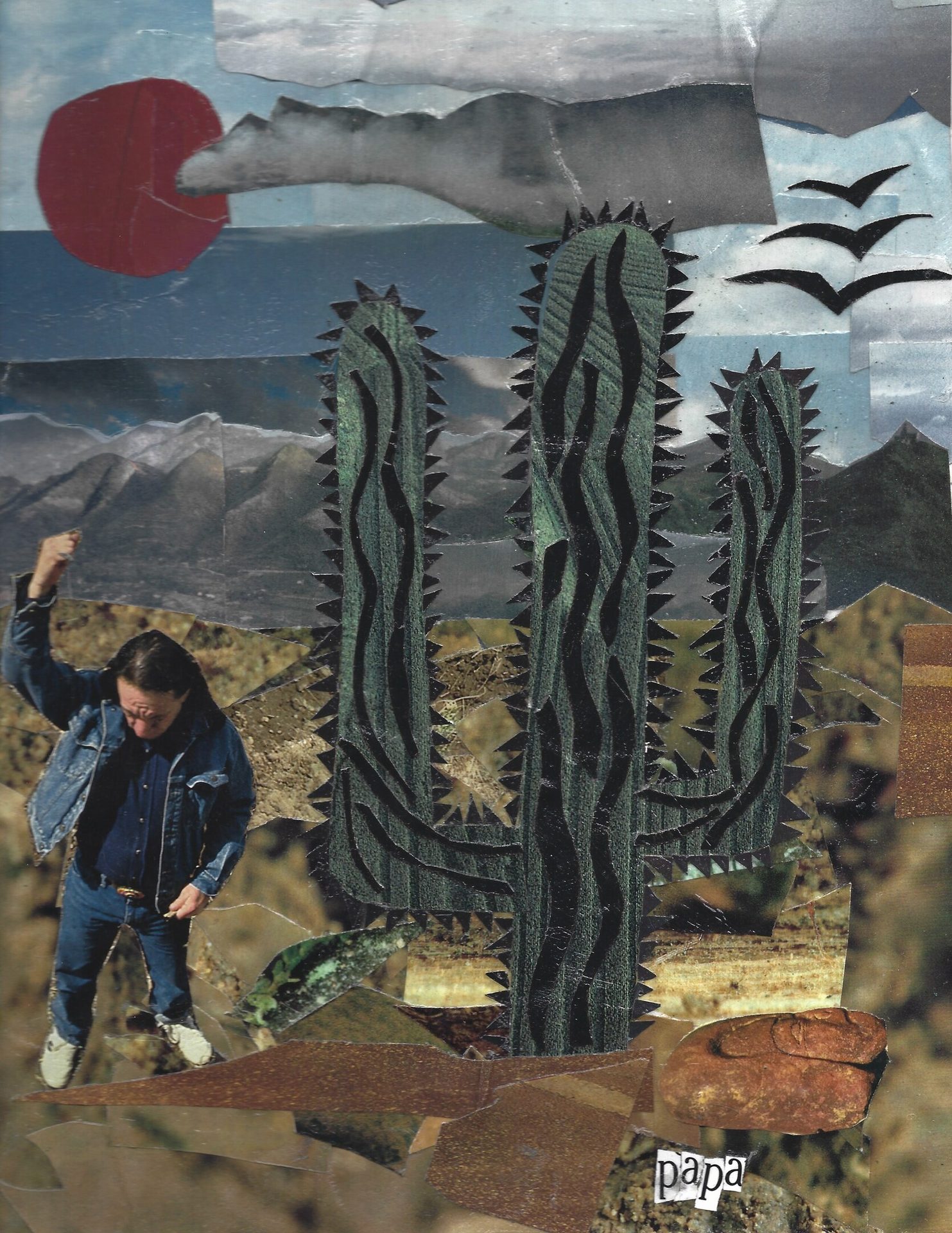 Collage: man raises fist in desert with saguaro cacti, red sun, mountains, birds, "papa".