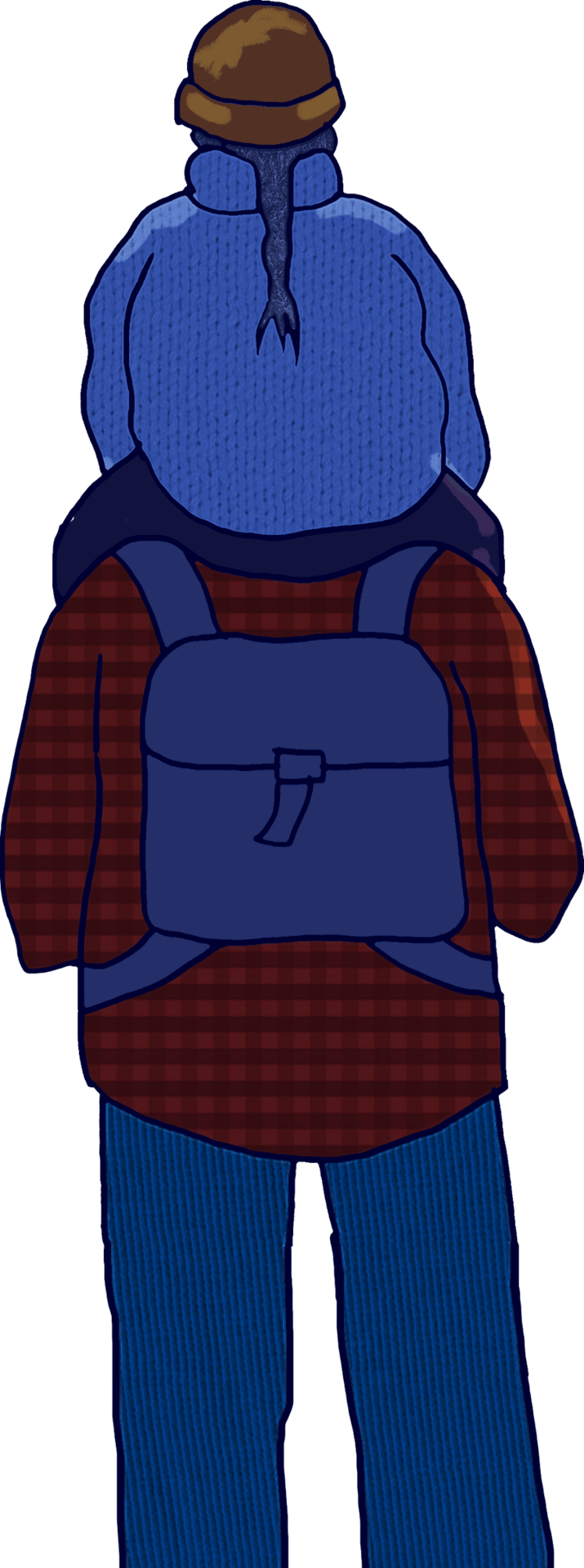 Back view of a person wearing a brown hat, blue sweater, red plaid shirt, blue backpack, and blue pants.