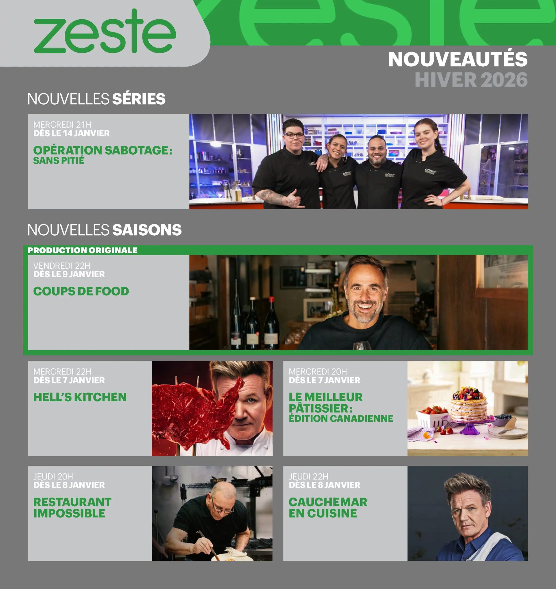 Zeste TV channel Winter 2026 programming schedule, featuring new cooking series and seasons with chefs.