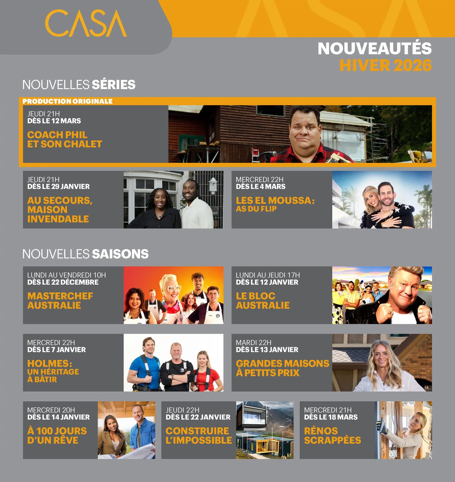 CASA channel's Winter 2026 programming: new series, seasons, titles, and show images.