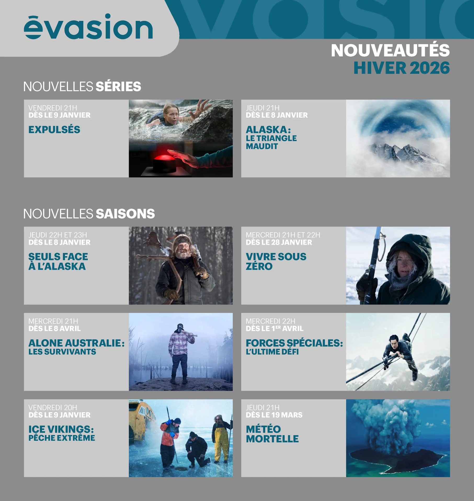 Évasion channel Winter 2026 TV schedule, listing new series and season premieres with images.