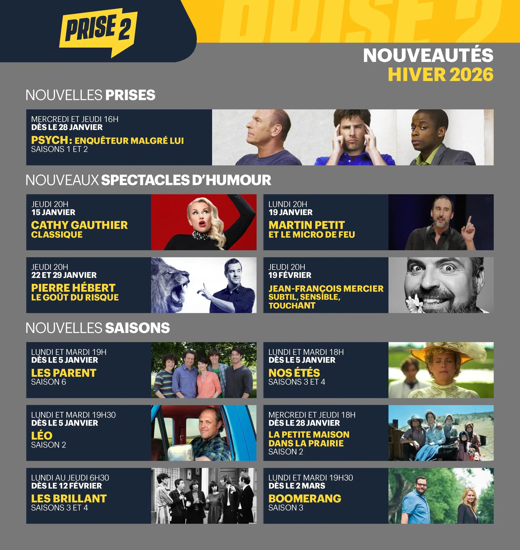 Prise 2 Winter 2026 TV schedule: new acquisitions, comedy shows, and season premieres.