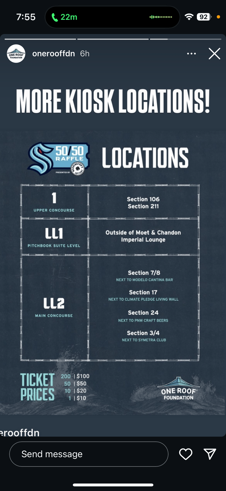 One Roof Foundation's 50/50 Raffle kiosk locations and ticket prices.