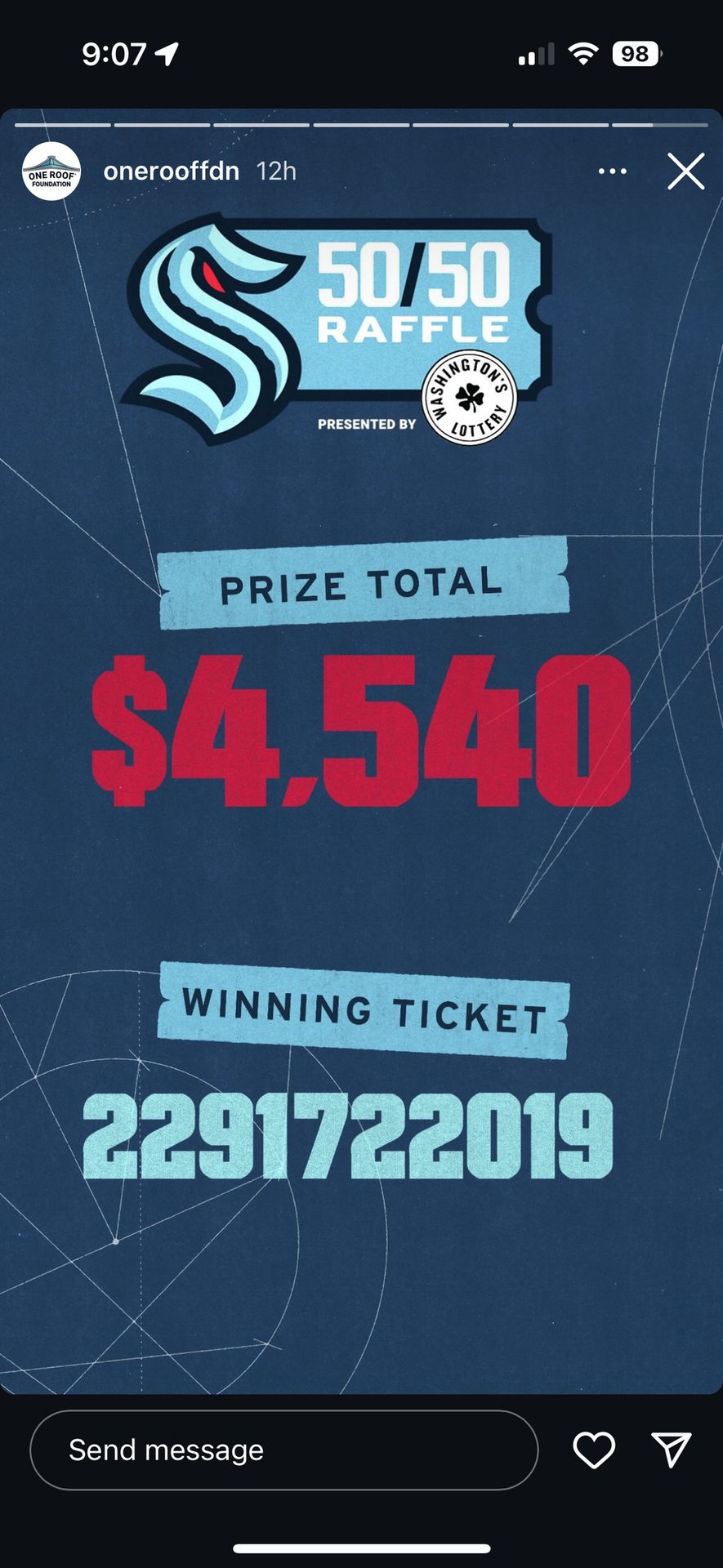 One Roof Foundation 50/50 raffle: $4,540 prize, winning ticket 2291722019.