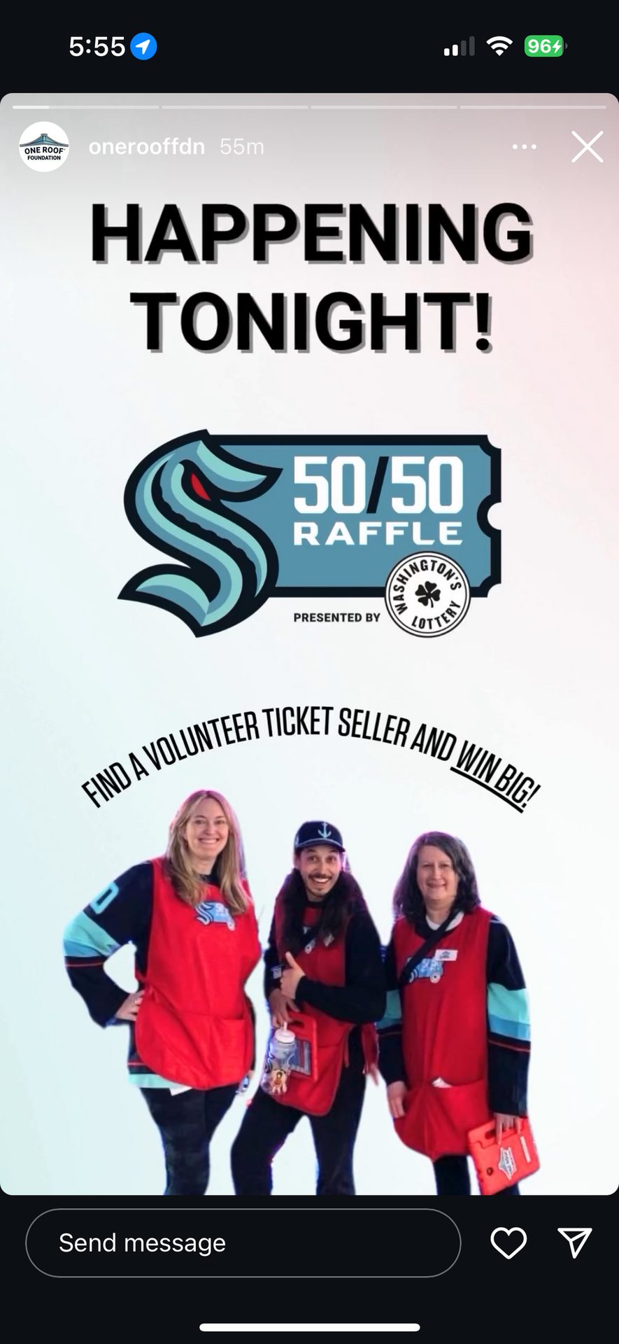 Seattle Kraken 50/50 raffle tonight! Find volunteer ticket sellers to win big.