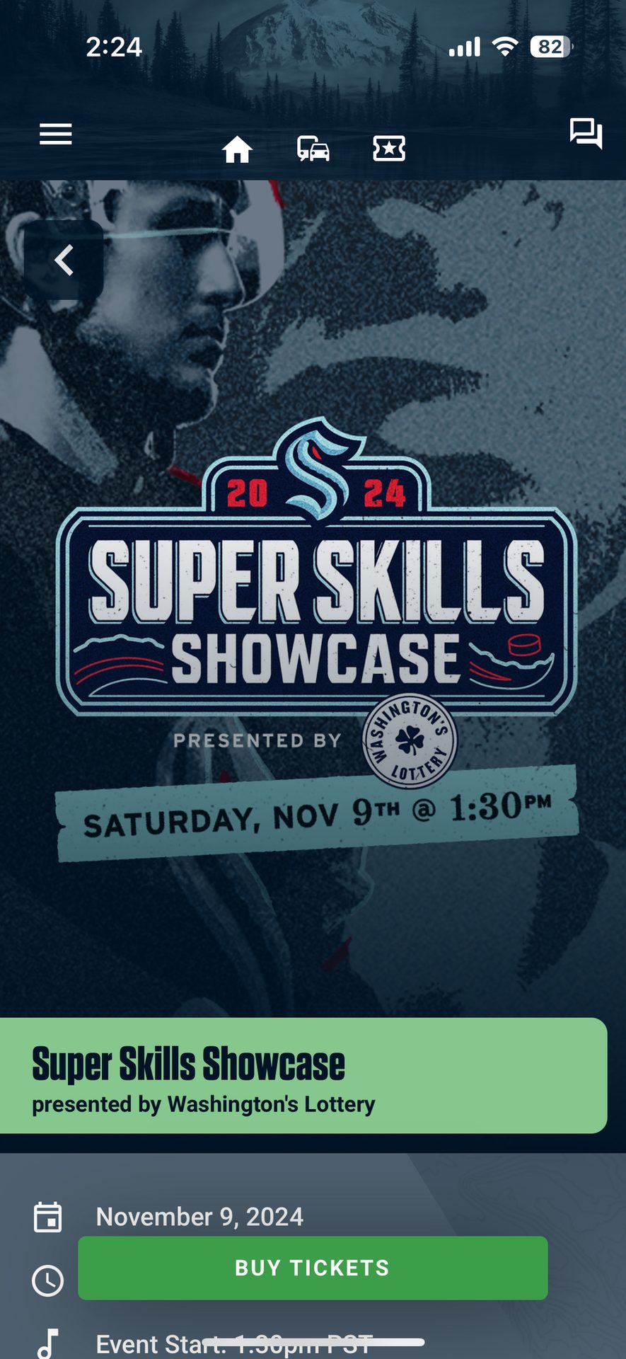 Mobile app screen showing a "Super Skills Showcase" hockey event for November 9, 2024.