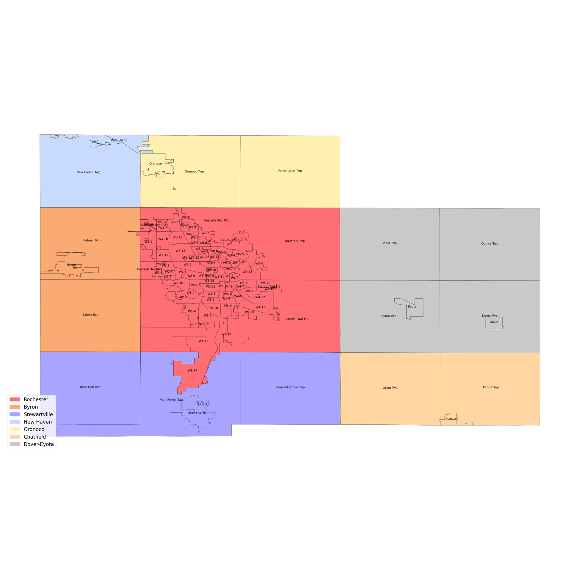 Color-coded map of Rochester and surrounding townships/areas with ward divisions and a legend.