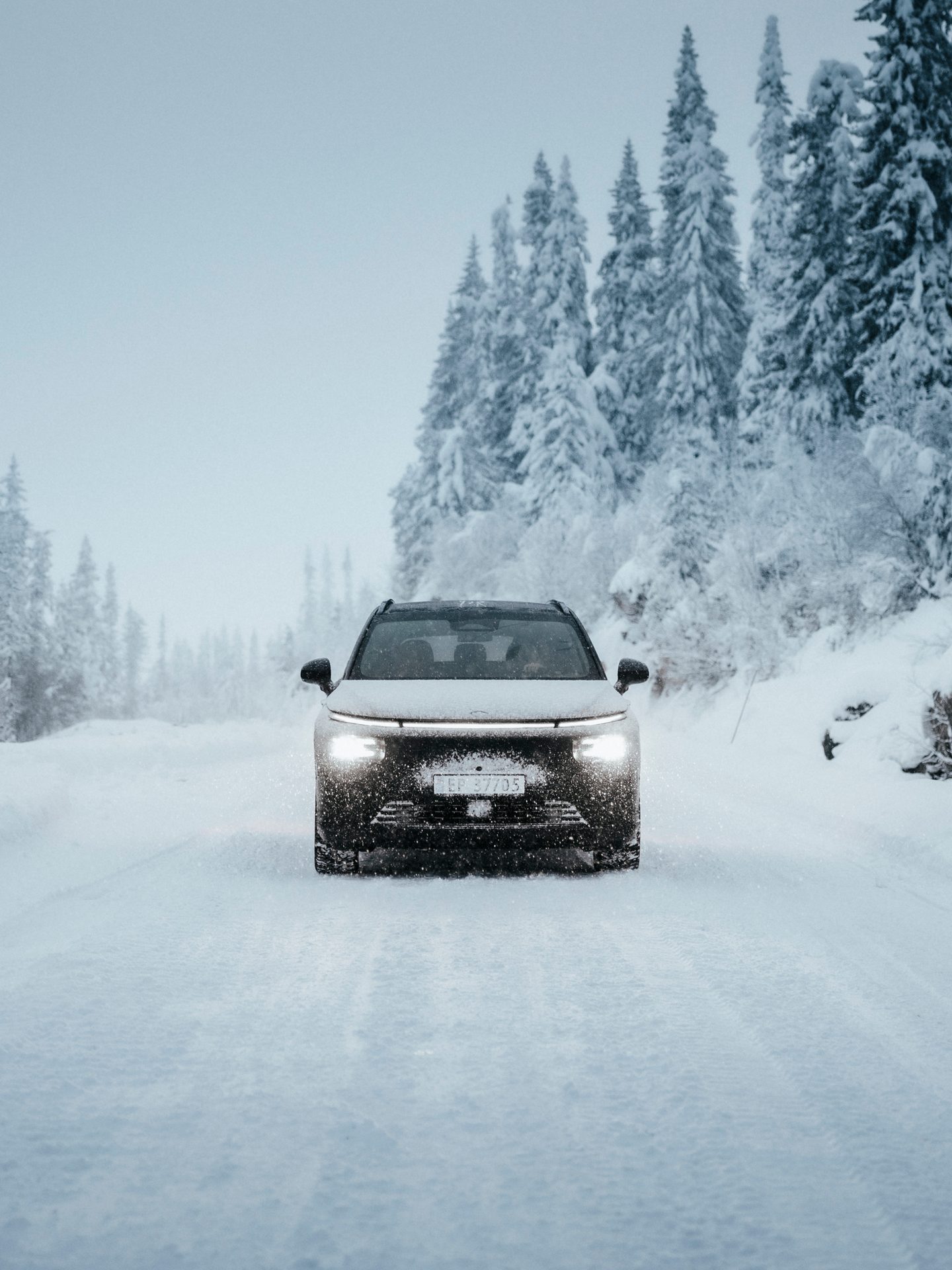 A black car with headlights on, driving on a snow-covered road surrounded by snow-dusted pine trees.