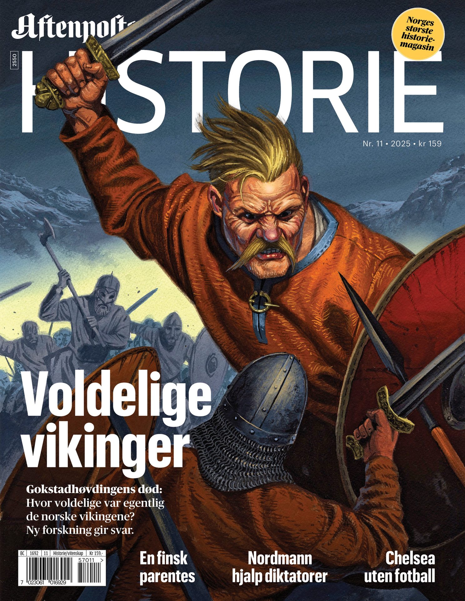 Aftenposten HISTORIE magazine cover with a fierce Viking warrior and "Violent Vikings" headline.