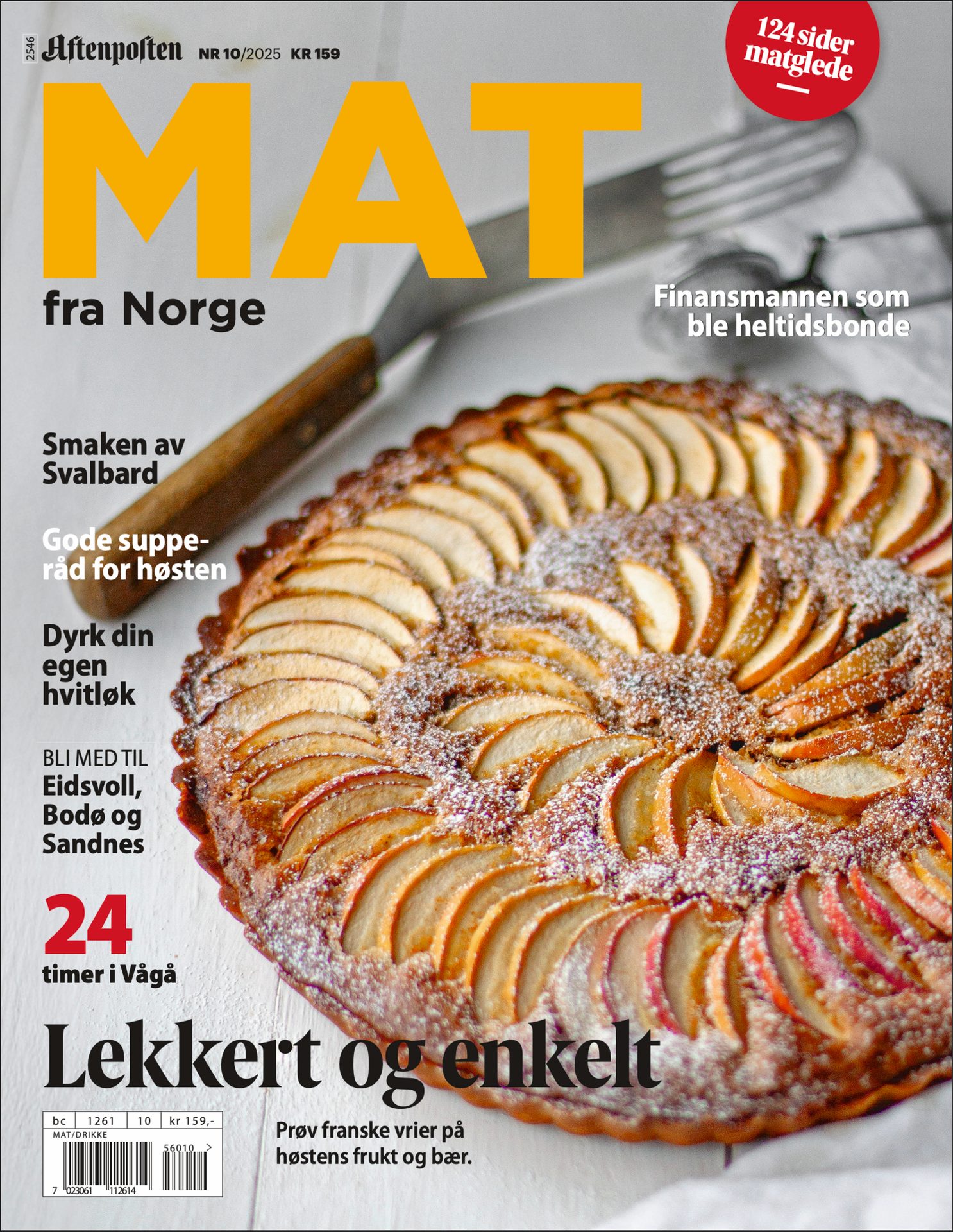 Magazine cover for "MAT fra Norge" featuring a sugar-dusted apple tart.
