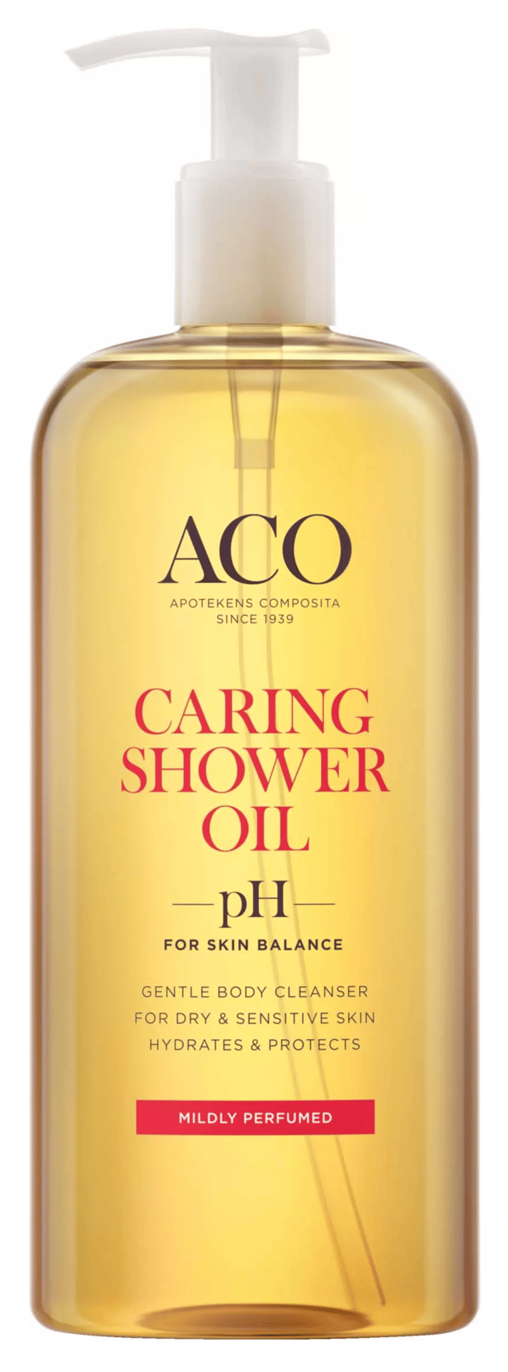 ACO Caring Shower Oil, pH balanced, hydrates dry and sensitive skin.